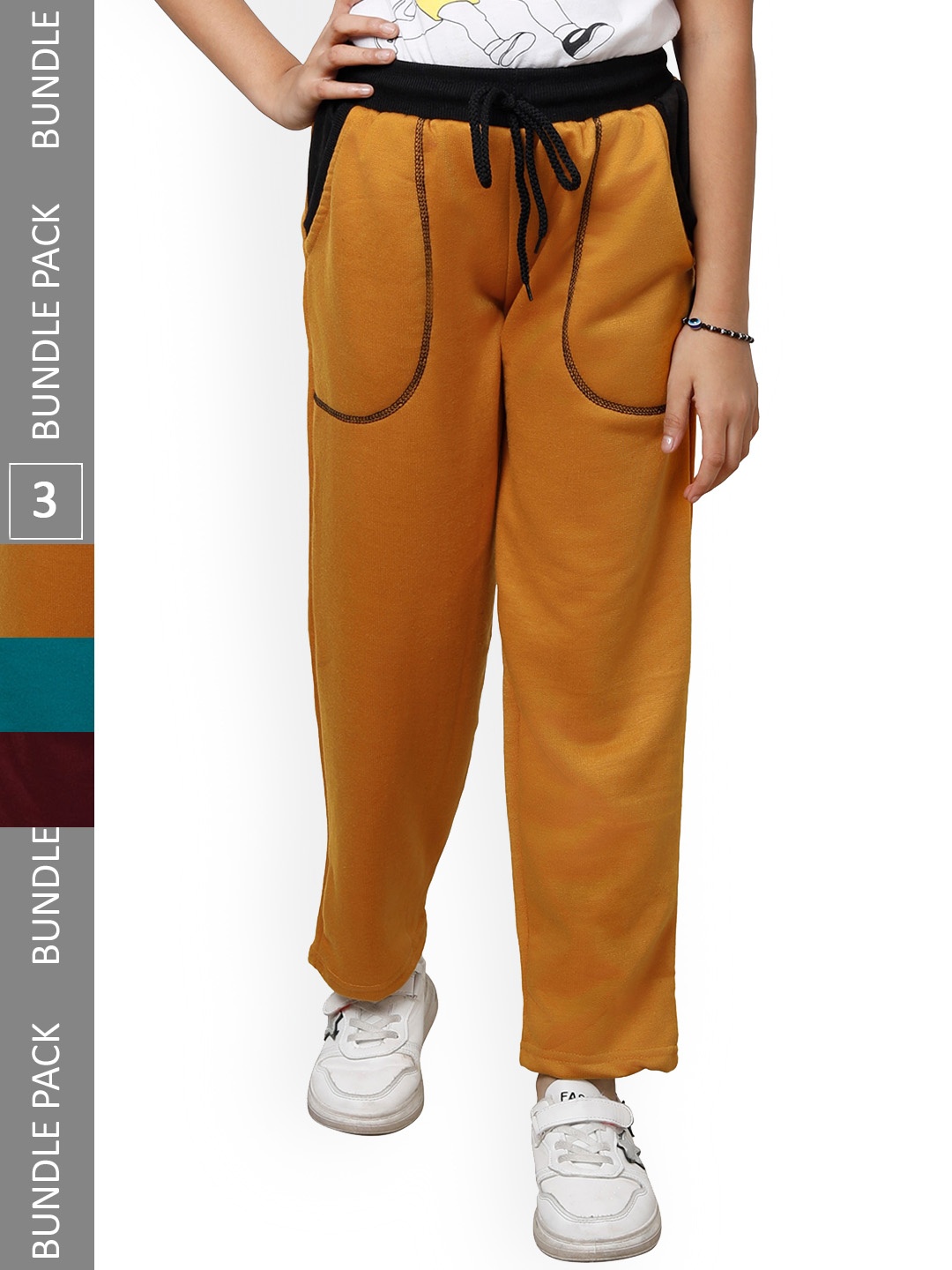 

IndiWeaves Girls Pack Of 3 Mid-Rise Fleece Track Pants, Mustard