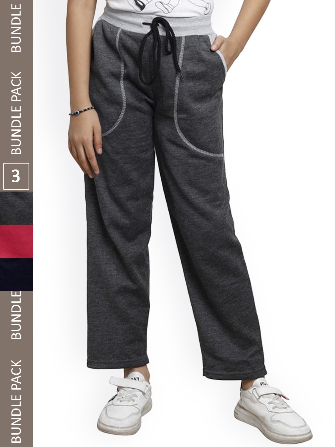 

IndiWeaves Girls Pack Of 3 Mid-Rise Fleece Track Pants, Navy blue