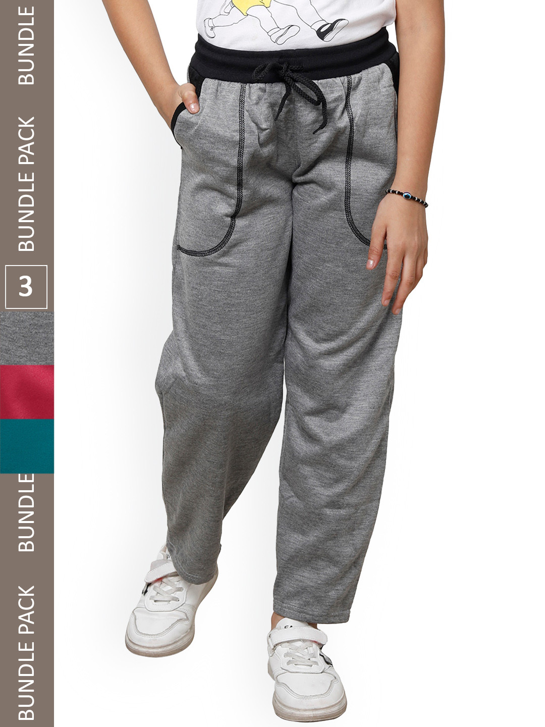 

IndiWeaves Girls Pack Of 3 Mid-Rise Fleece Track Pants, Grey