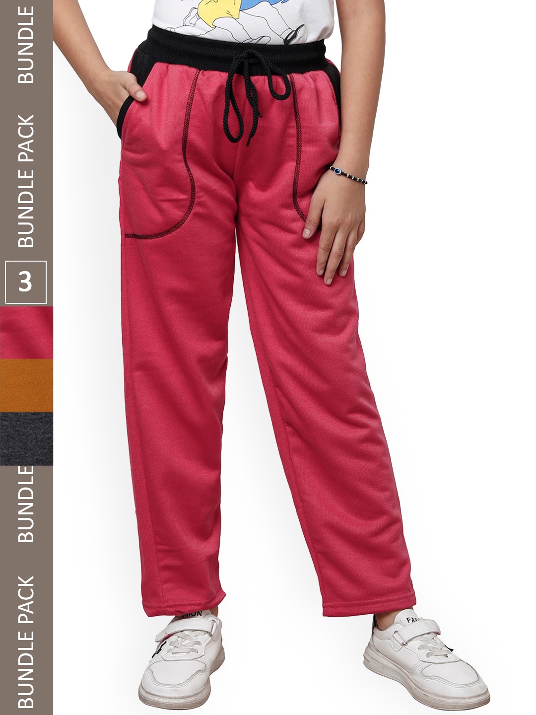 

IndiWeaves Girls Pack Of 3 Mid-Rise Fleece Track Pants, Pink