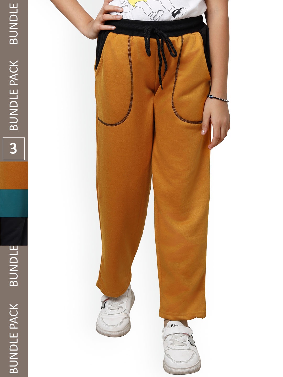 

IndiWeaves Girls Pack Of 3 Mid-Rise Fleece Track Pants, Mustard