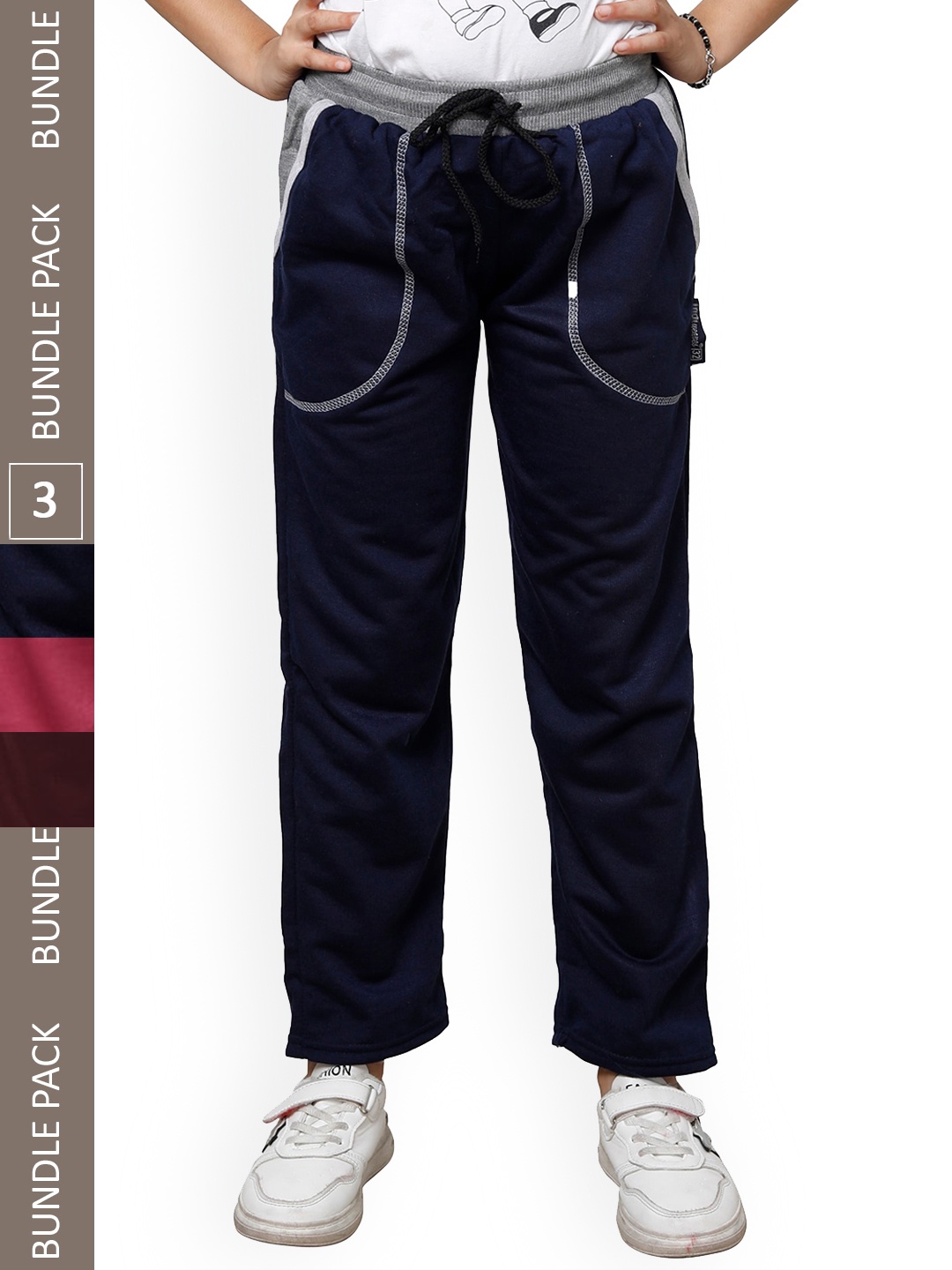 

IndiWeaves Girls Pack Of 3 Mid-Rise Fleece Track Pants, Navy blue