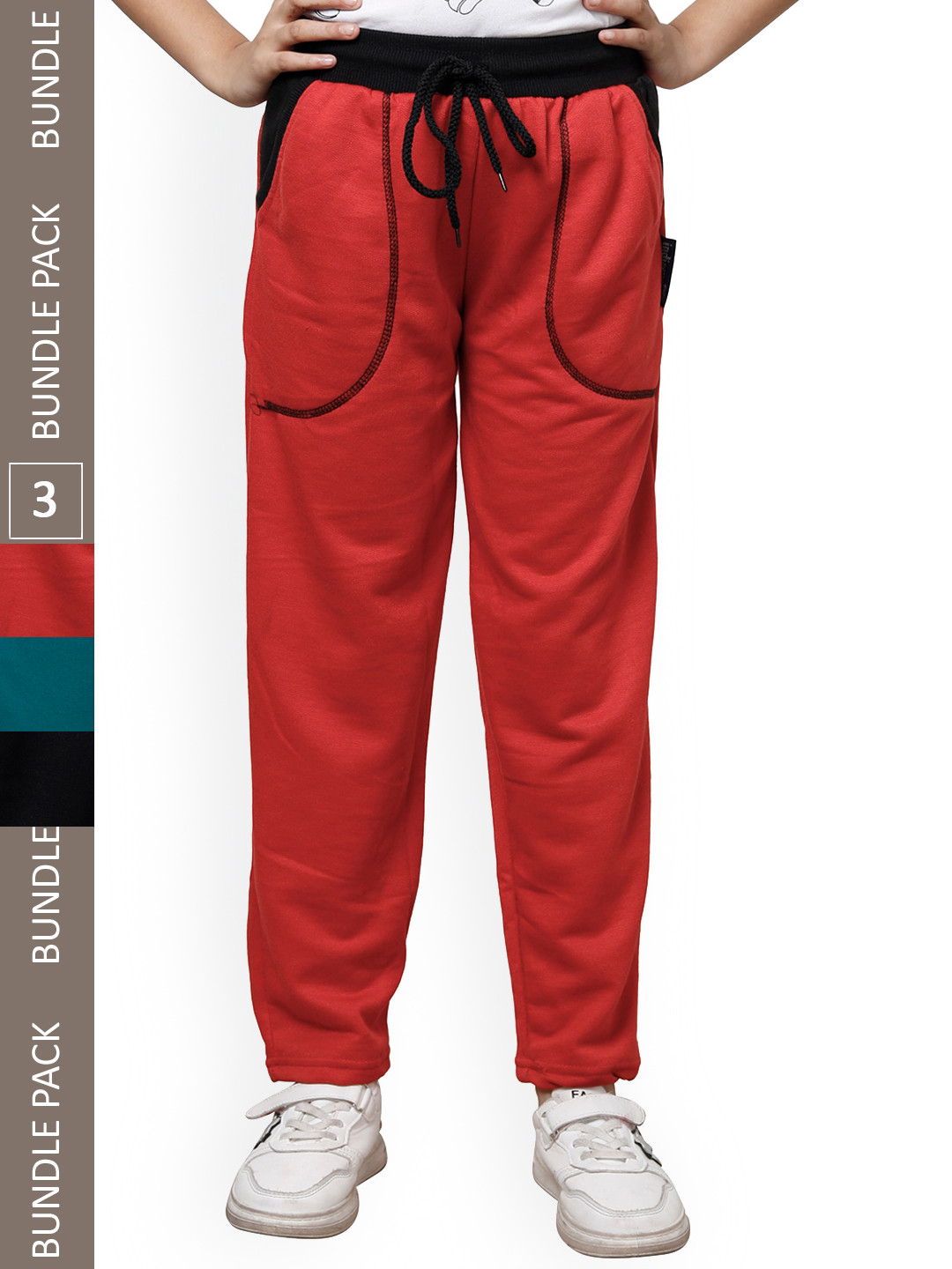 

IndiWeaves Girls Pack Of 3 Mid-Rise Fleece Track Pants, Red
