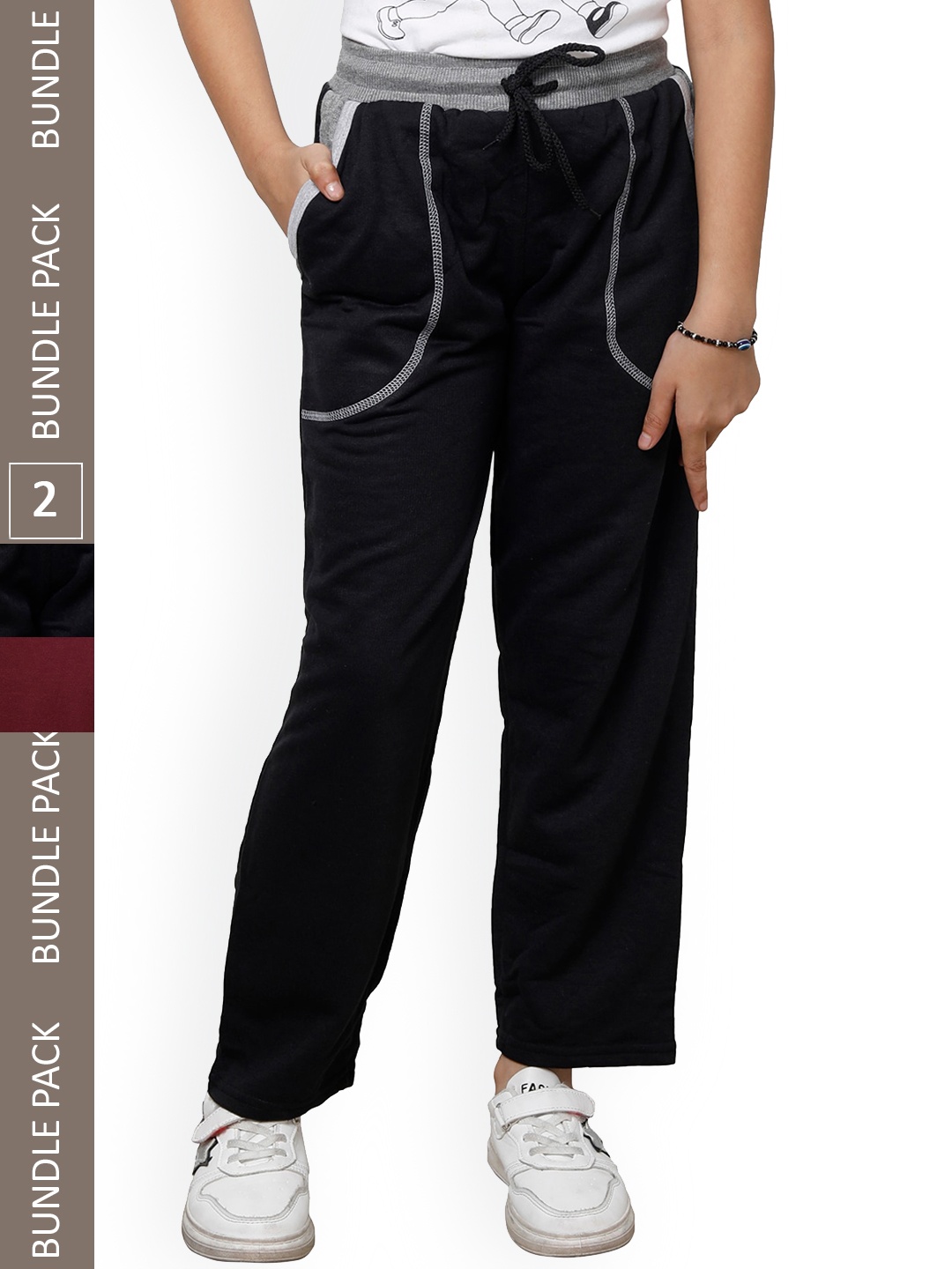 

IndiWeaves Girls Pack Of 2 Mid-Rise Fleece Regular Fit Track Pants, Black