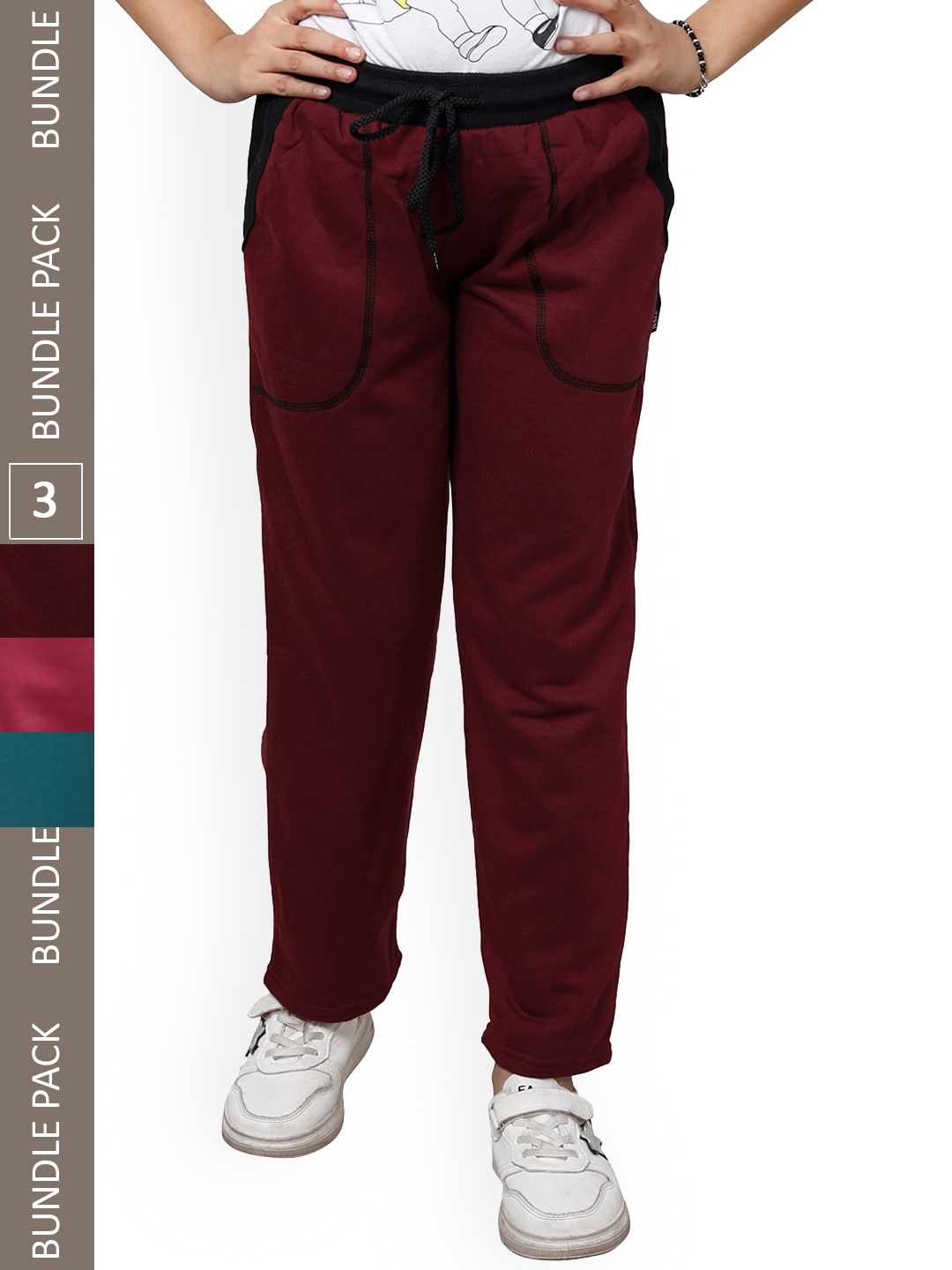 

IndiWeaves Girls Pack Of 3 Mid-Rise Fleece Track Pants, Maroon