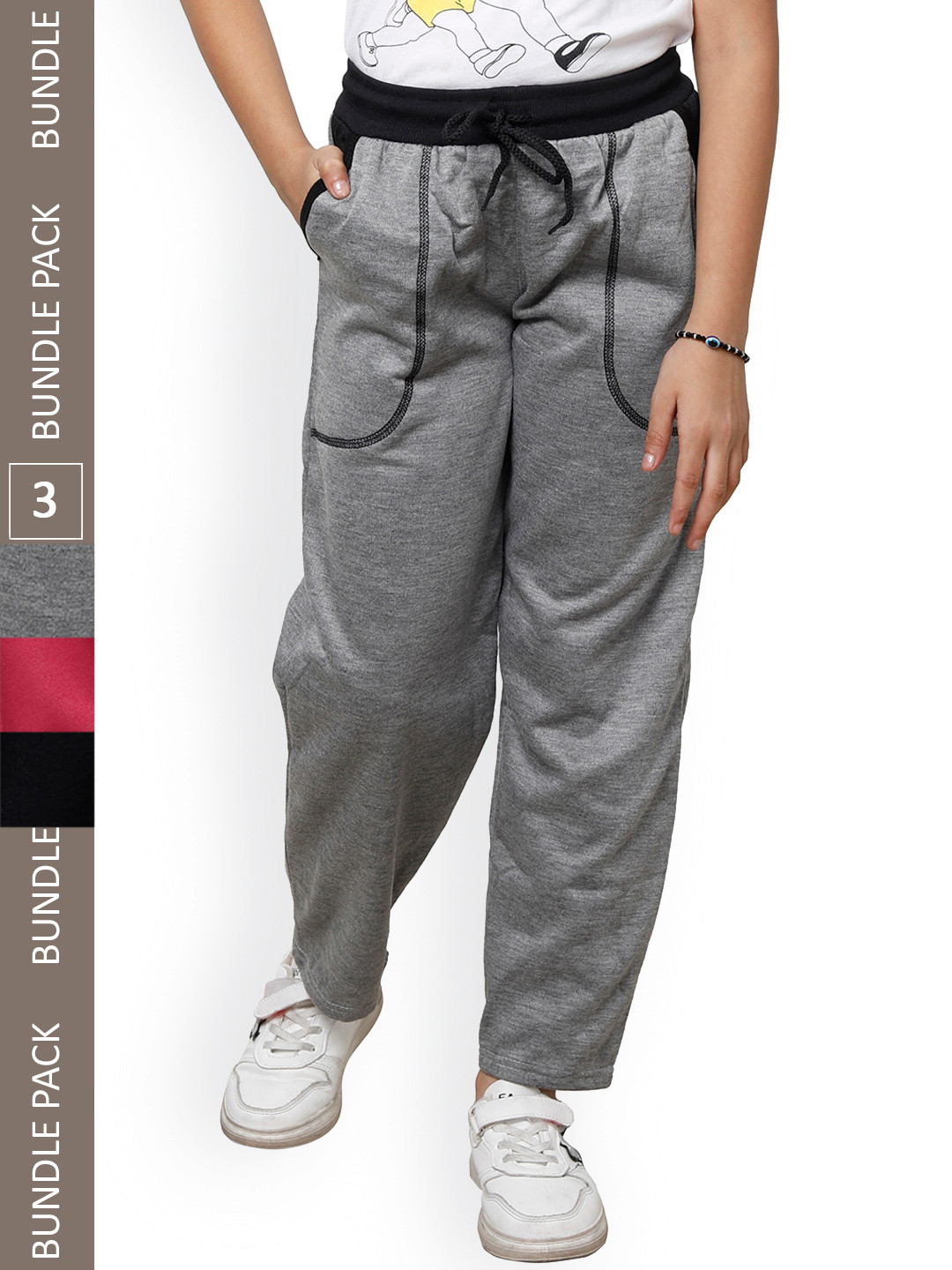 

IndiWeaves Girls Pack Of 3 Mid-Rise Fleece Track Pants, Grey