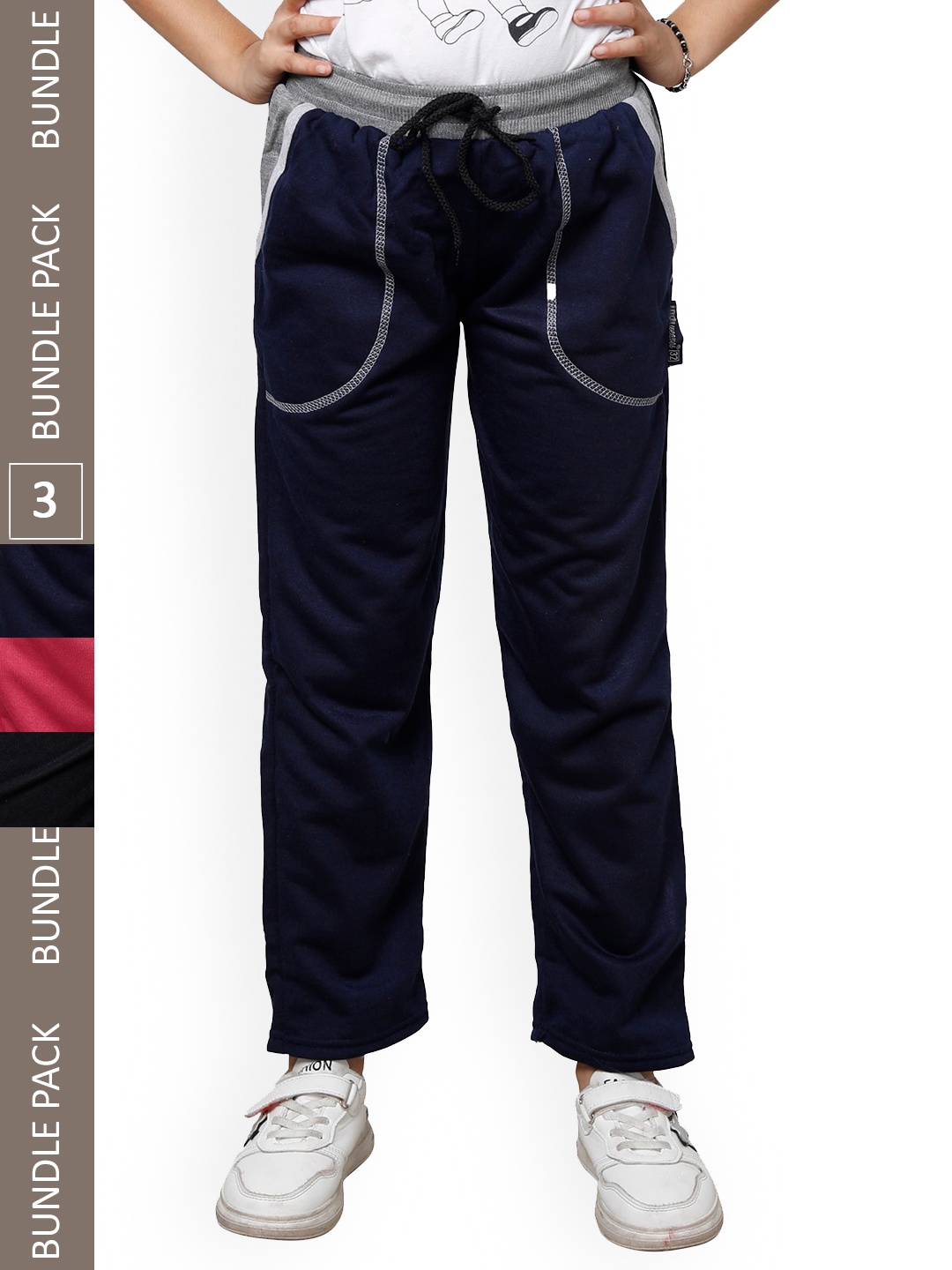 

IndiWeaves Girls Pack Of 3 Mid-Rise Fleece Track Pants, Navy blue