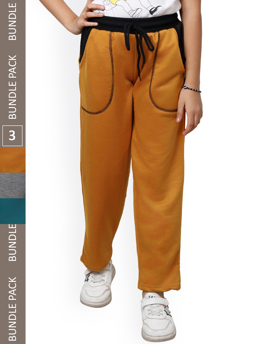 

IndiWeaves Girls Pack Of 3 Mid-Rise Regular Fit Fleece Track Pants, Mustard