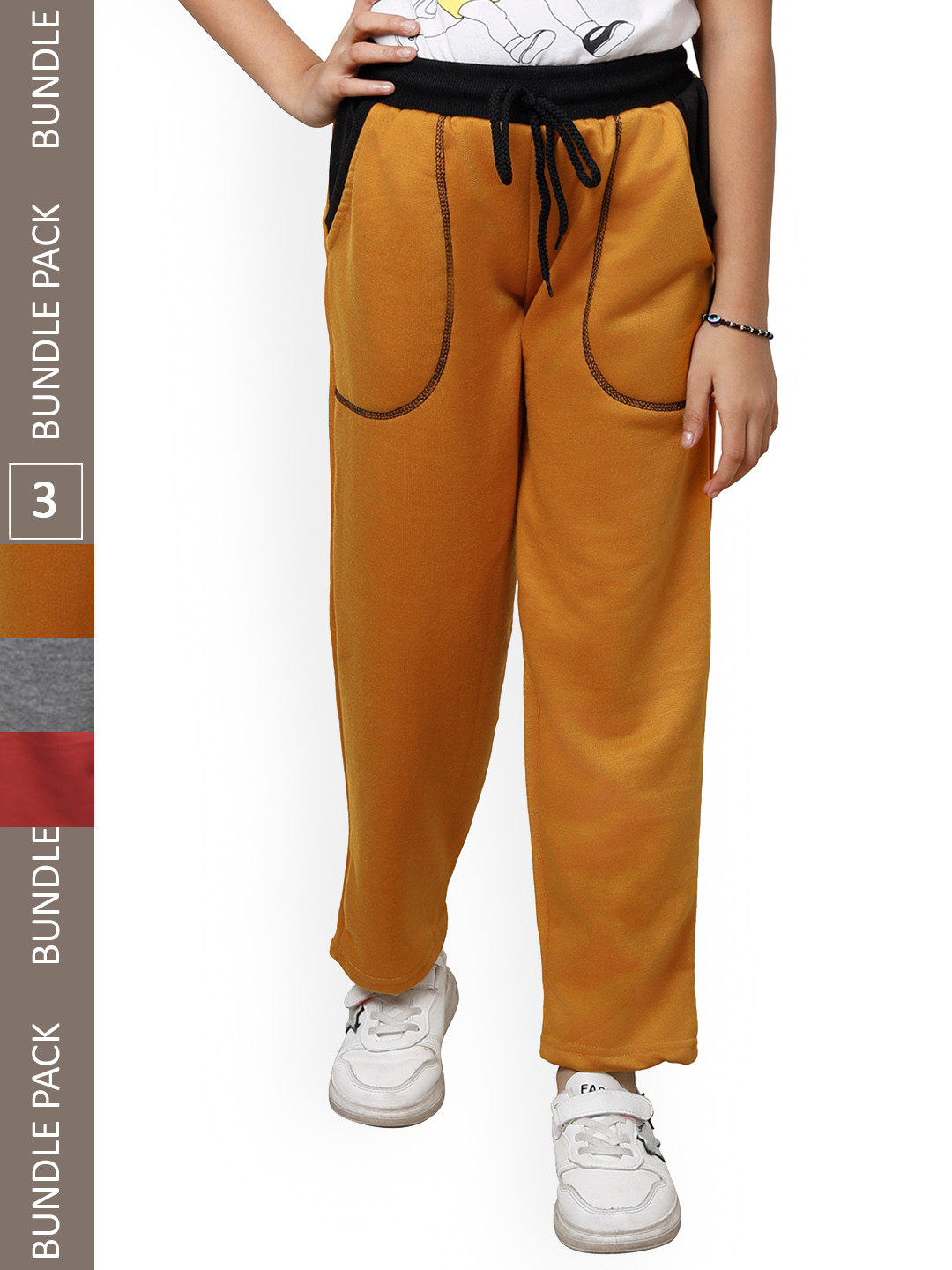 

IndiWeaves Girls Pack Of 3 Mid-Rise Fleece Track Pants, Yellow