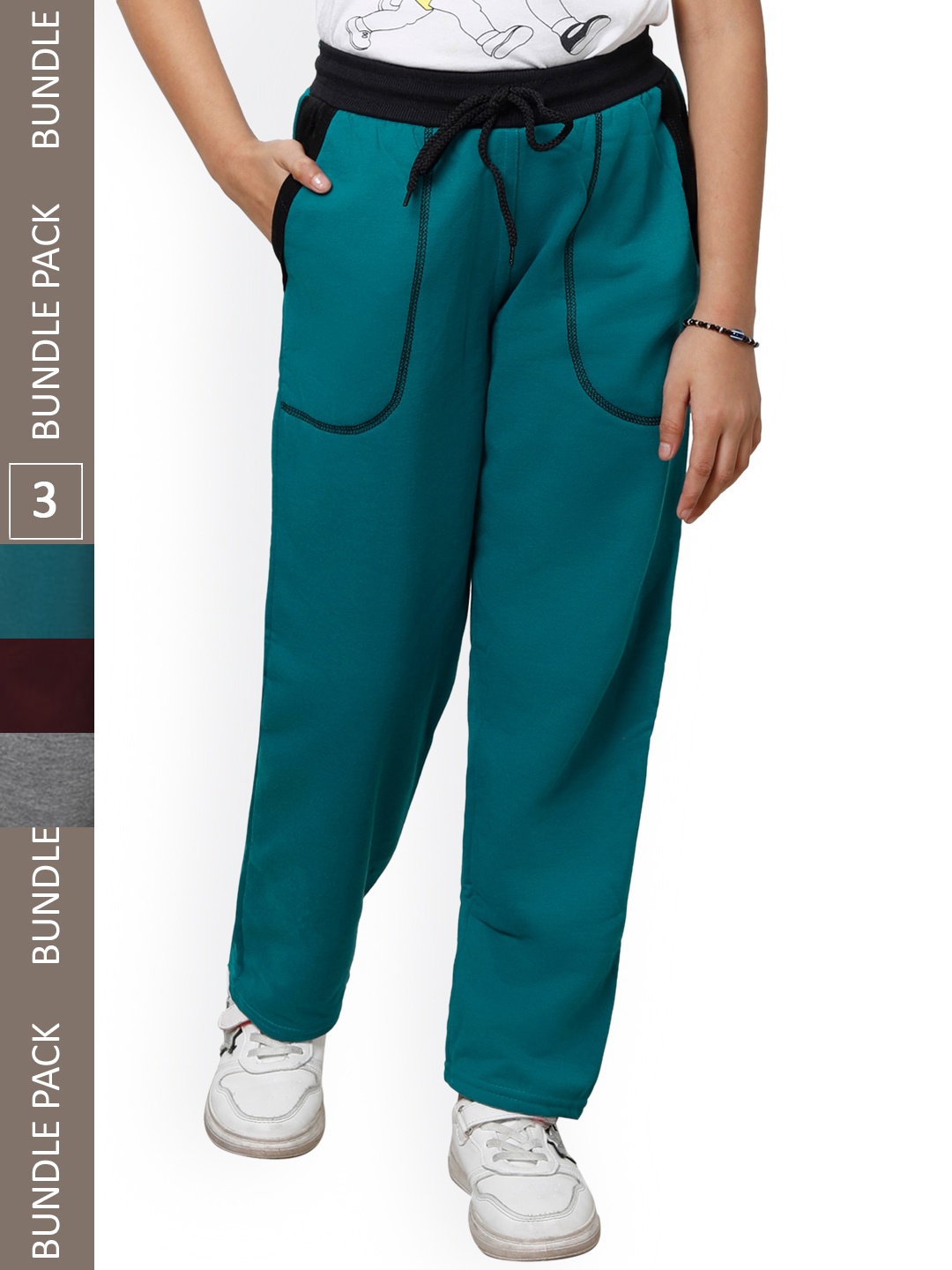 

IndiWeaves Girls Pack Of 3 Mid-Rise Track Pants, Green