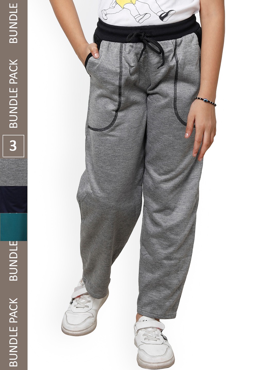 

IndiWeaves Girls Pack Of 3 Mid-Rise Fleece Track Pants, Grey