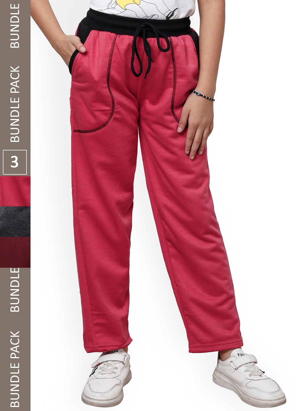 

IndiWeaves Girls Pack Of 3 Mid-Rise Fleece Track Pants, Red