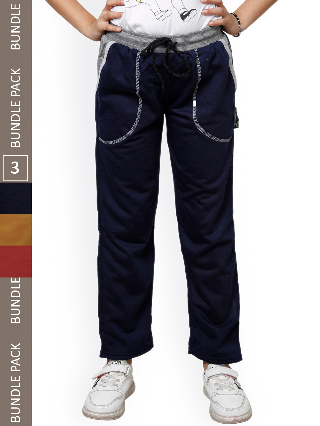

IndiWeaves Girls Pack Of 3 Mid-Rise Track Pants, Navy blue