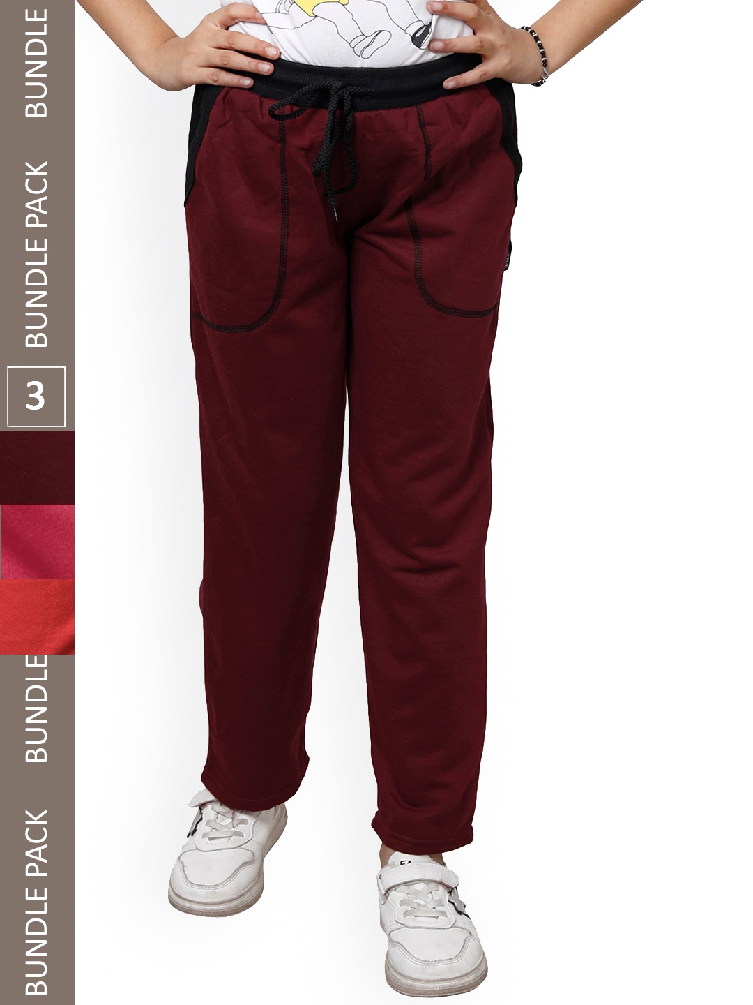 

IndiWeaves Girls Pack Of 3 Mid-Rise Fleece Track Pants, Maroon