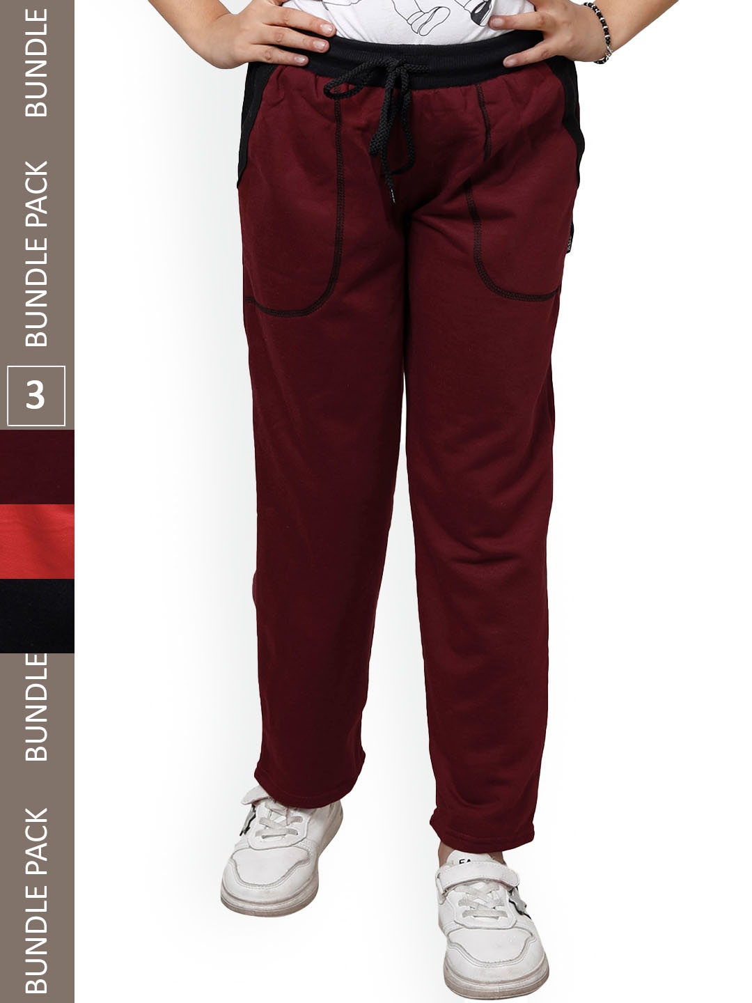 

IndiWeaves Girls Pack Of 3 Mid-Rise Fleece Track Pants, Maroon