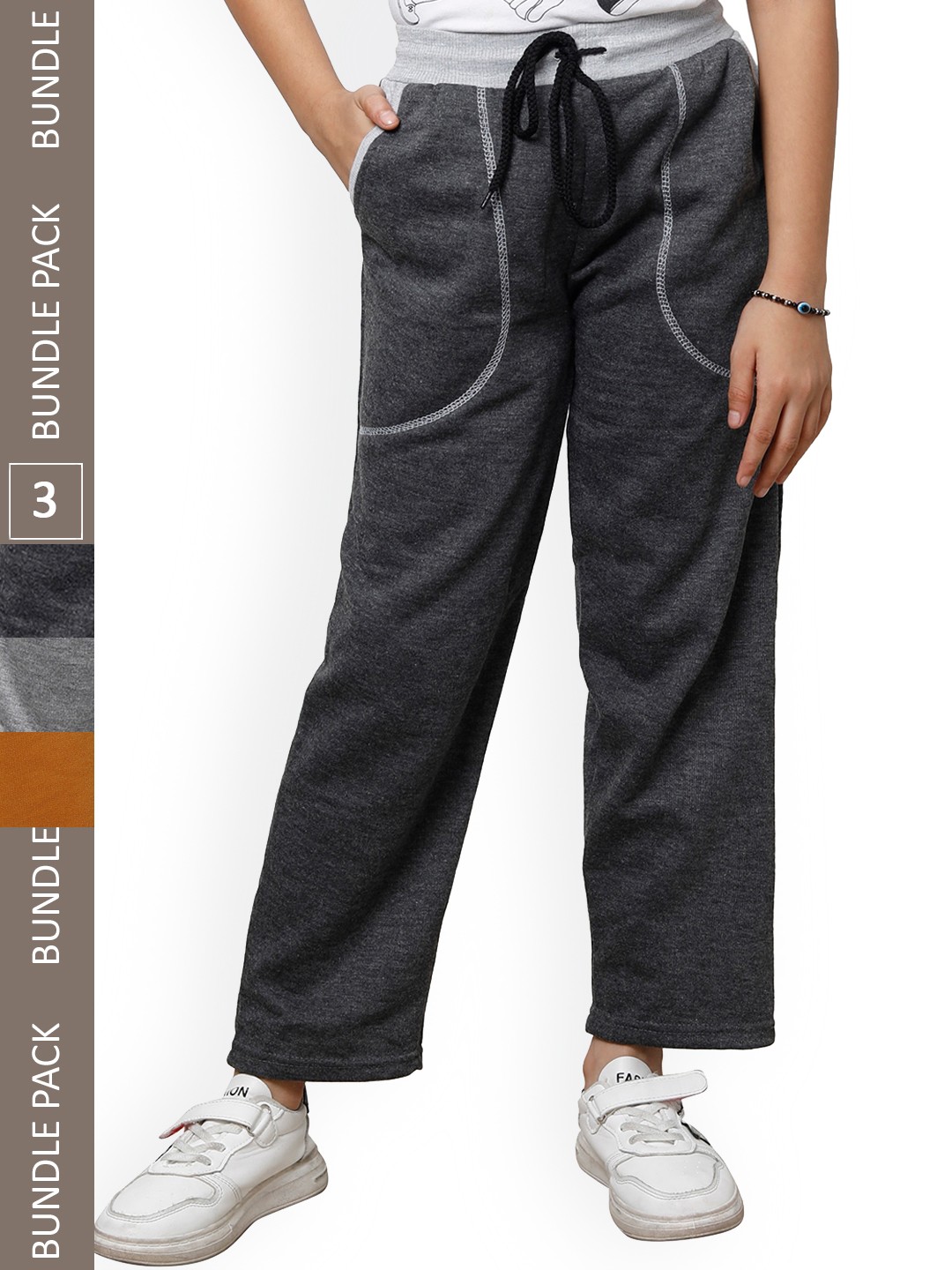 

IndiWeaves Girls Pack Of 3 Mid-Rise Regular Fit Fleece Track Pants, Grey