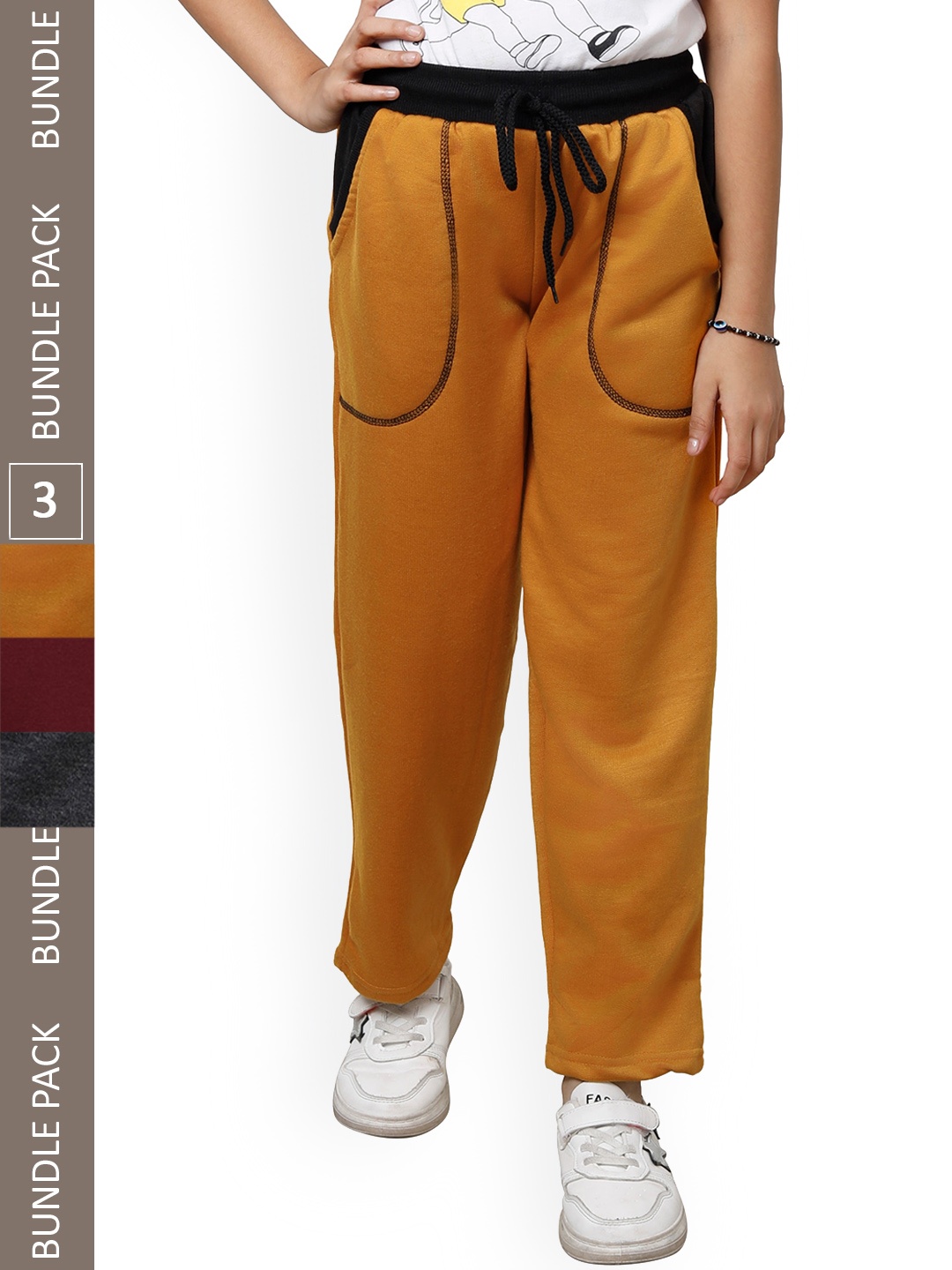 

IndiWeaves Girls Pack Of 3 Fleece Mid-Rise Track Pants, Yellow