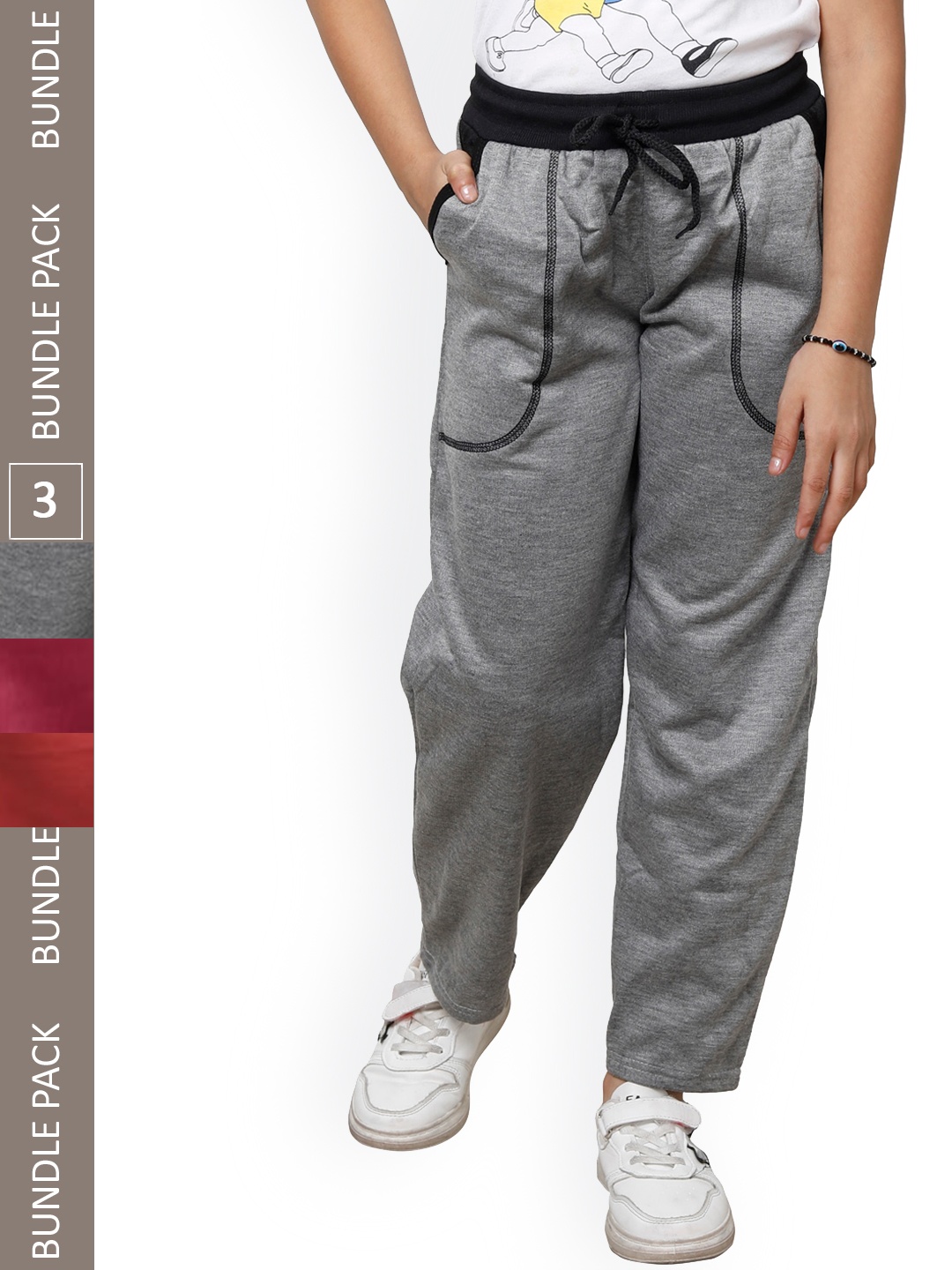 

IndiWeaves Girls Pack Of 3 Mid-Rise Fleece Track Pants, Grey