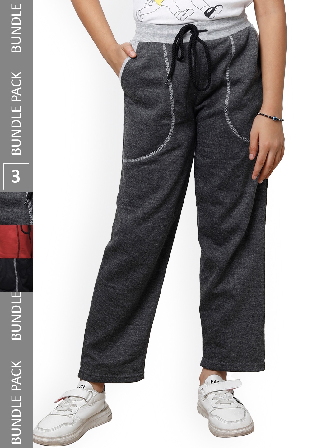 

IndiWeaves Girls Pack Of 3 Mid-Rise Fleece Track Pants, Charcoal