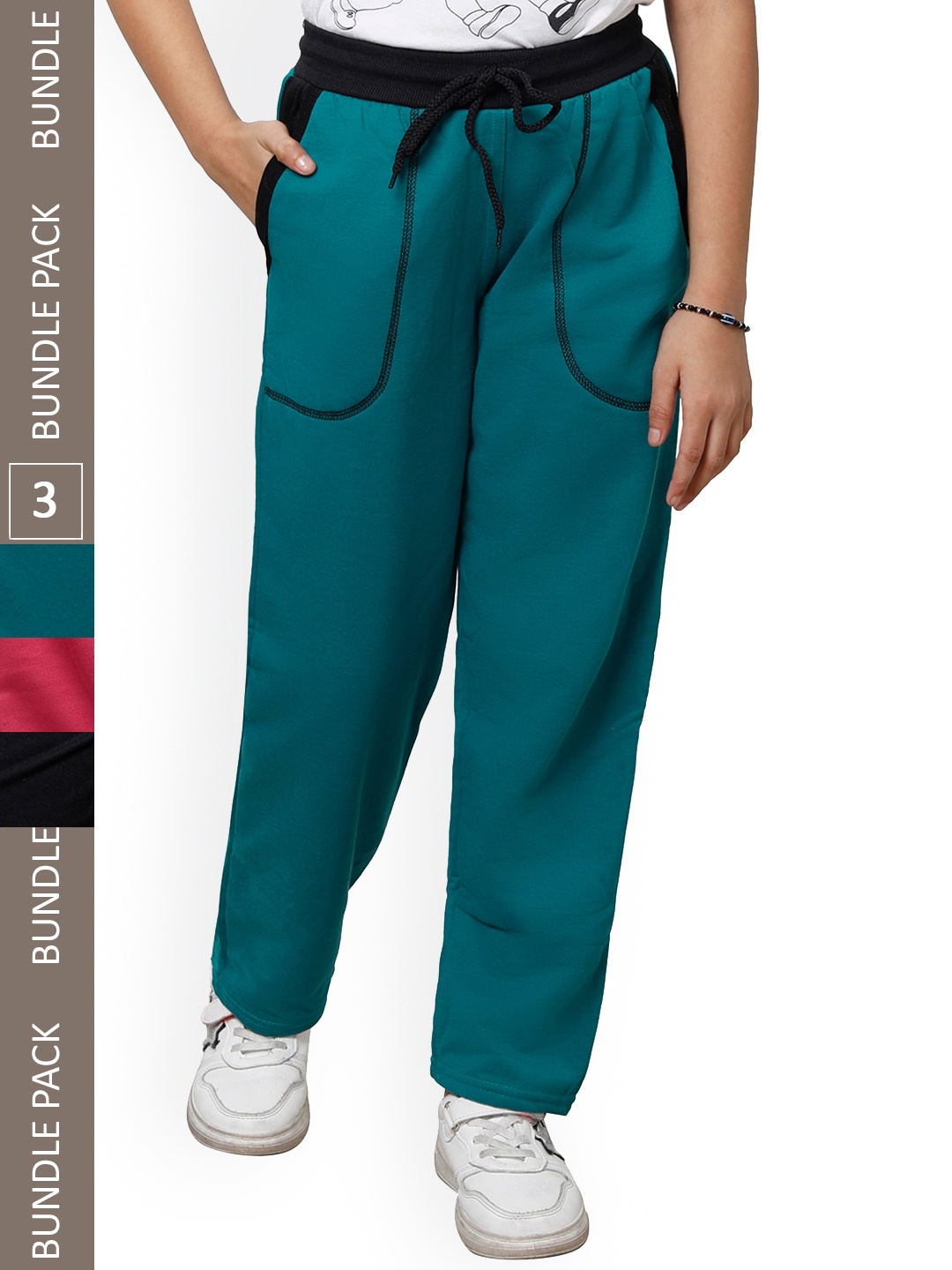 

IndiWeaves Girls Pack Of 3 Mid-Rise Fleece Track Pants, Teal