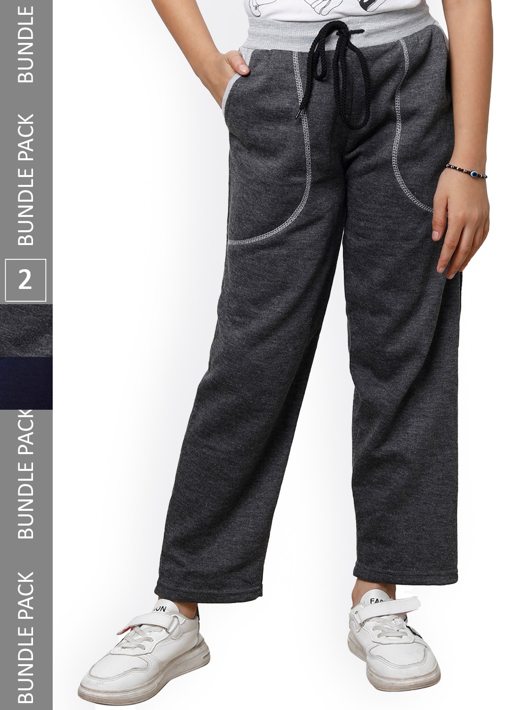 

IndiWeaves Girls Pack Of 2 Mid-Rise Fleece Track Pants, Navy blue