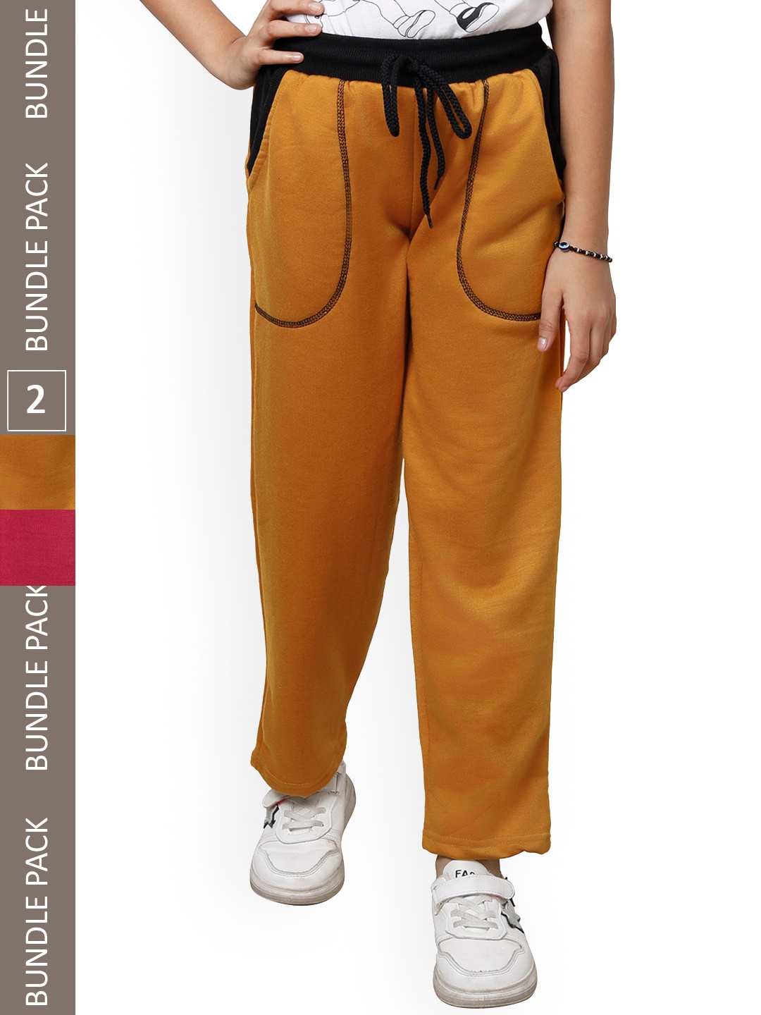 

IndiWeaves Girls Pack Of 2 Mid-Rise Regular Fit Fleece Track Pants, Mustard