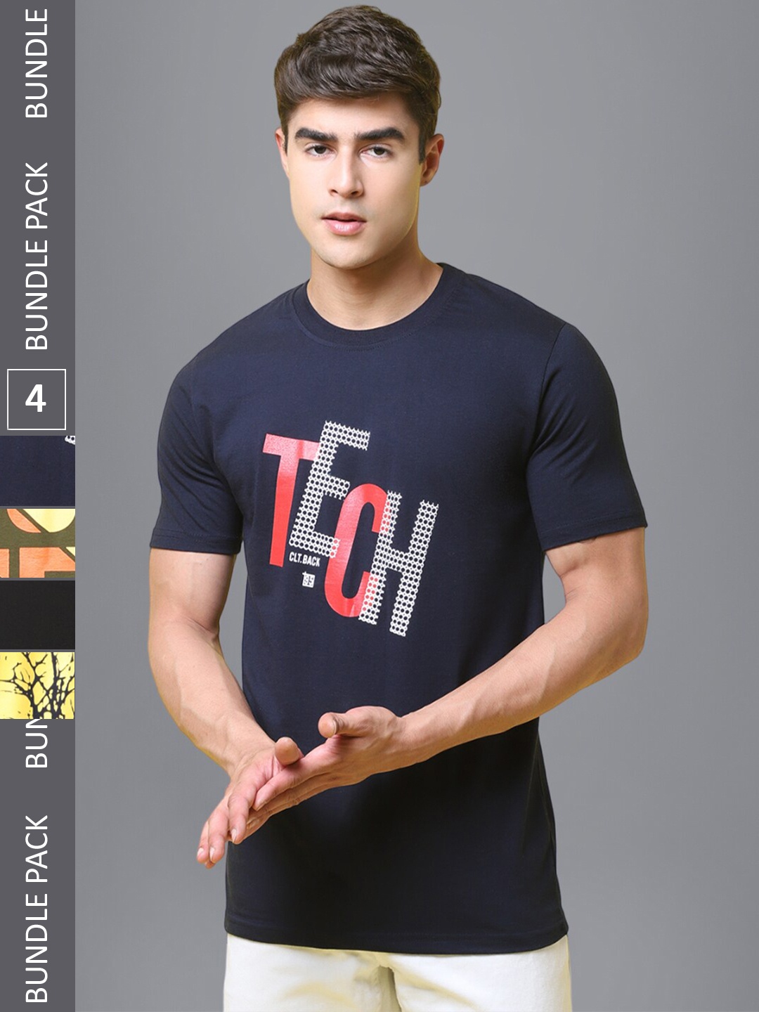

1 Stop Fashion Pack Of 4 Typography Printed Cotton T-shirt, Navy blue