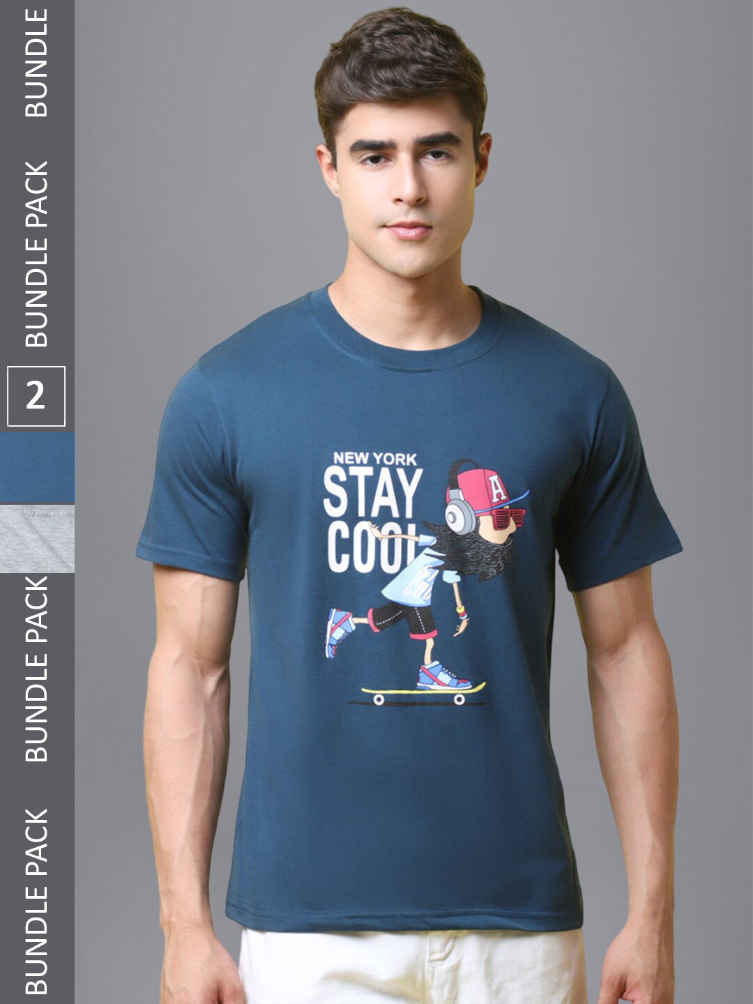 

1 Stop Fashion Pack of 2 Typography Printed Cotton T-shirt, Blue