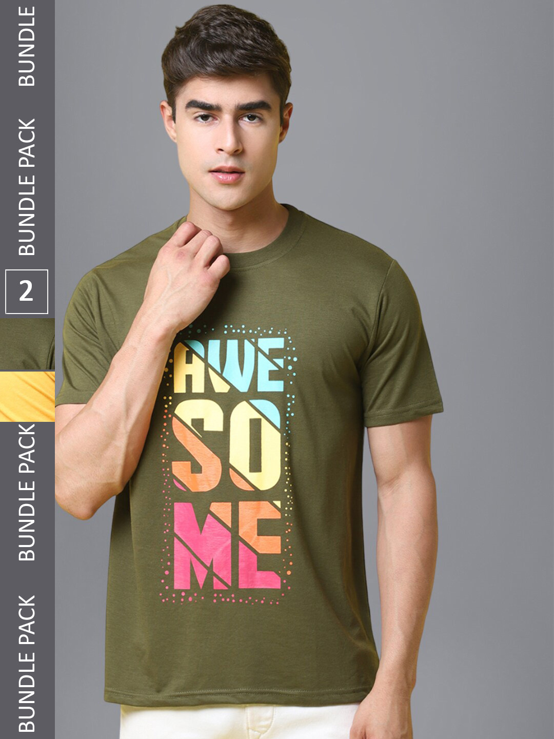 

1 Stop Fashion Pack Of 2 Typography Printed Cotton T-shirt, Olive