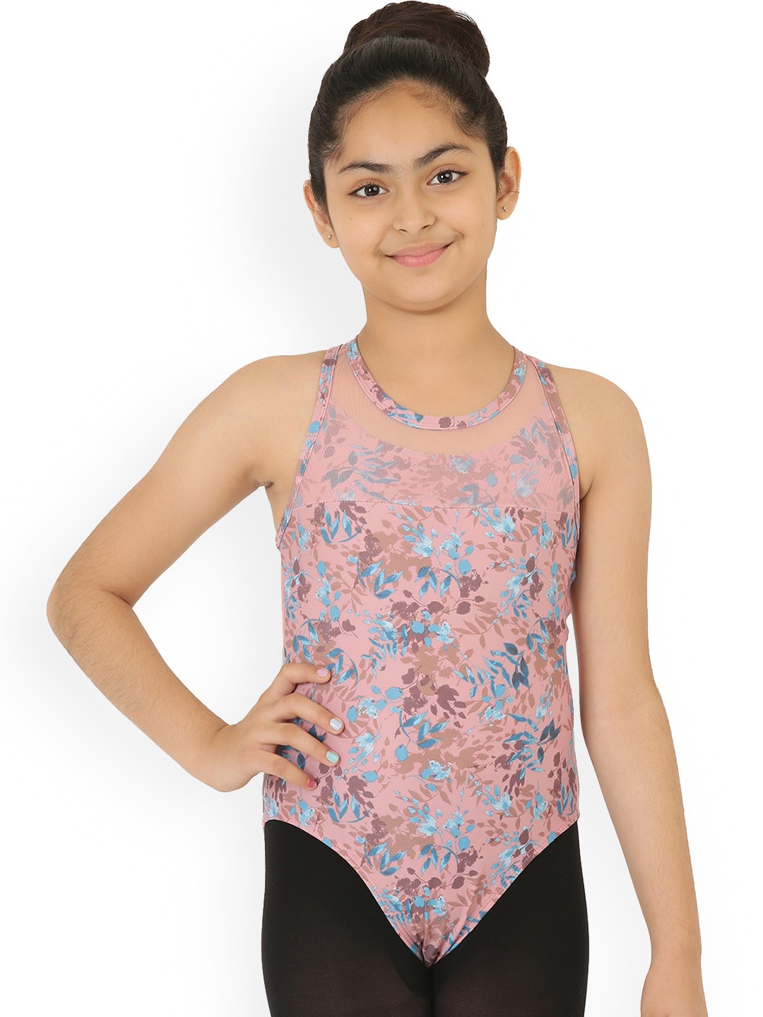 

The Dance Bible Girls Floral Printed Criss-Cross Back Leotard Bodysuit, Pink