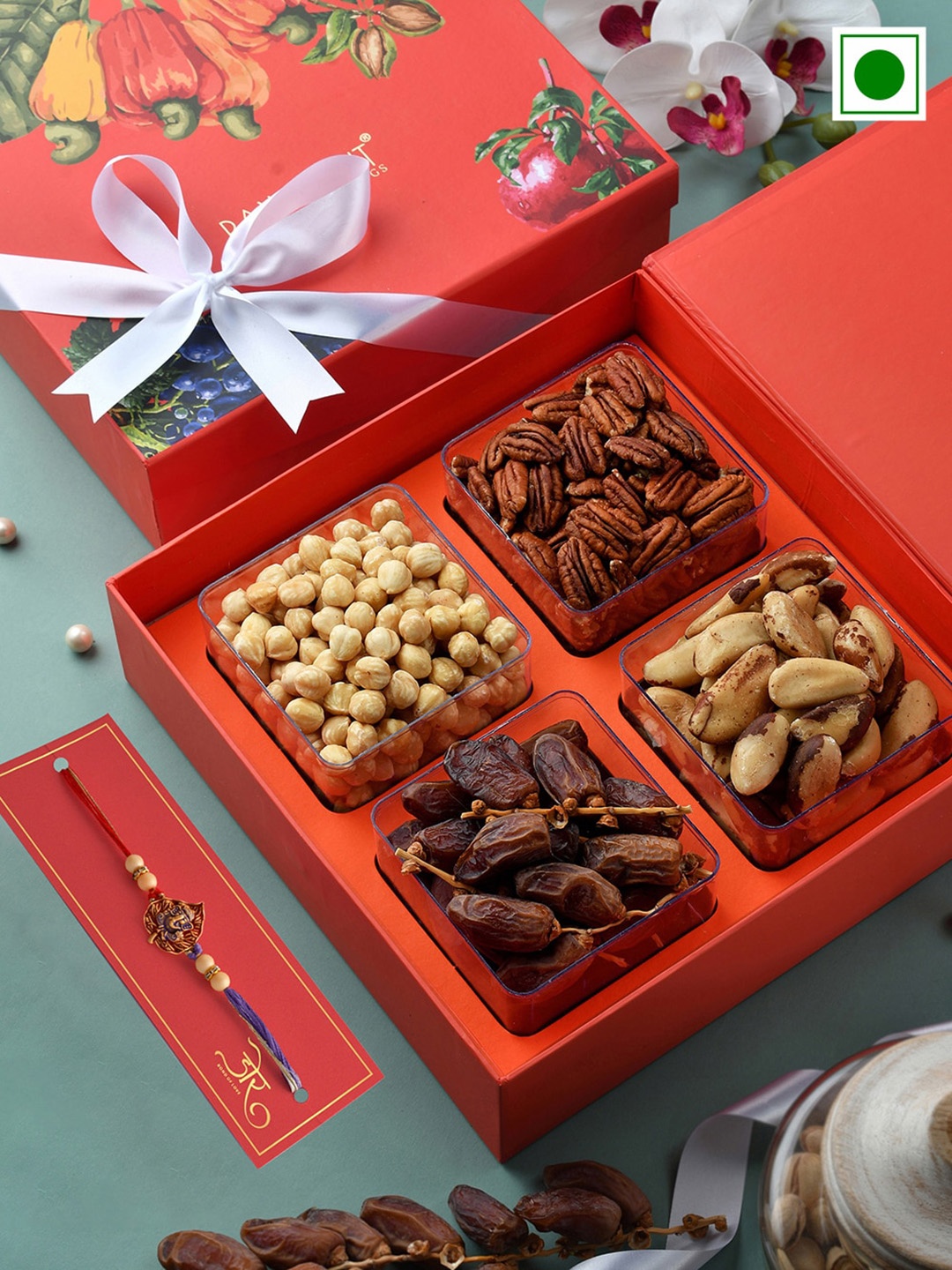 

RawFruit Set Of 6 Dryfruit Signature Box &Rakhi Gift Pack, Orange