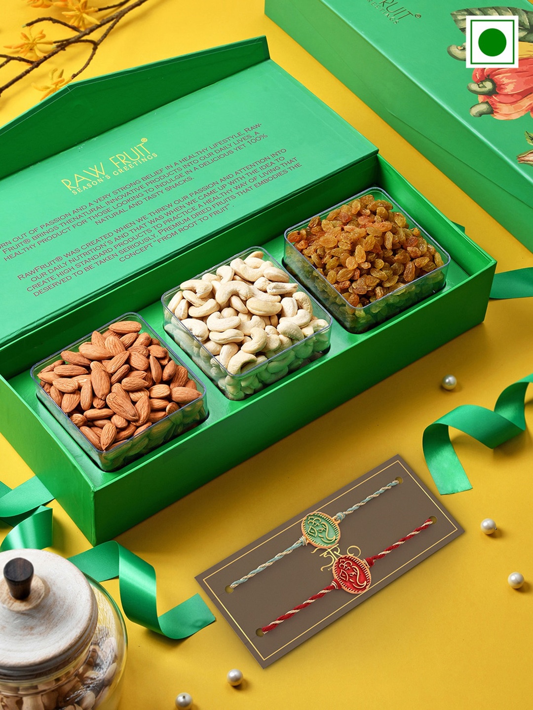 

RawFruit Set Of 3 Ganesha Charm Rakhi with Dry Fruits Gift Set 200g Each, Green