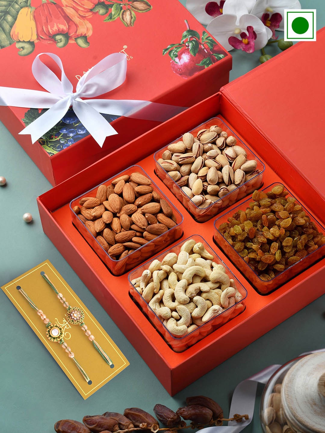 

RawFruit Set Of 2 Stone studded Rakhis With Roli Chawal & Signature Dryfruits Gift Set, Orange