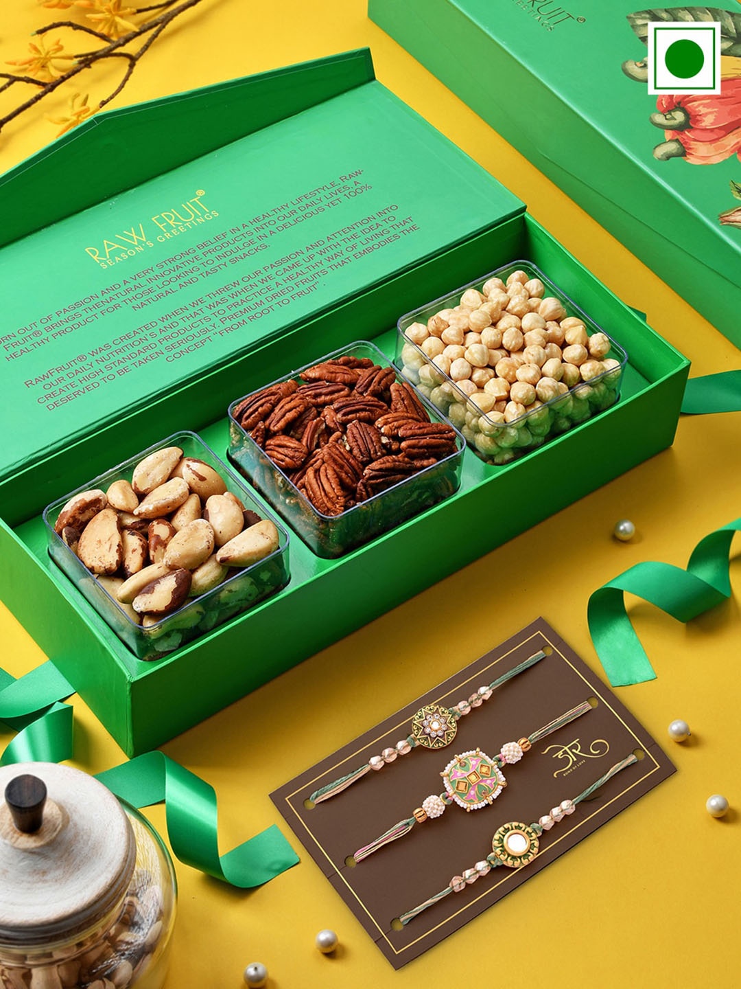 

RawFruit Set Of 3 Pearl beaded Rakhis With Roli Chawal & Exotic Dryfruit Gift Set, Green