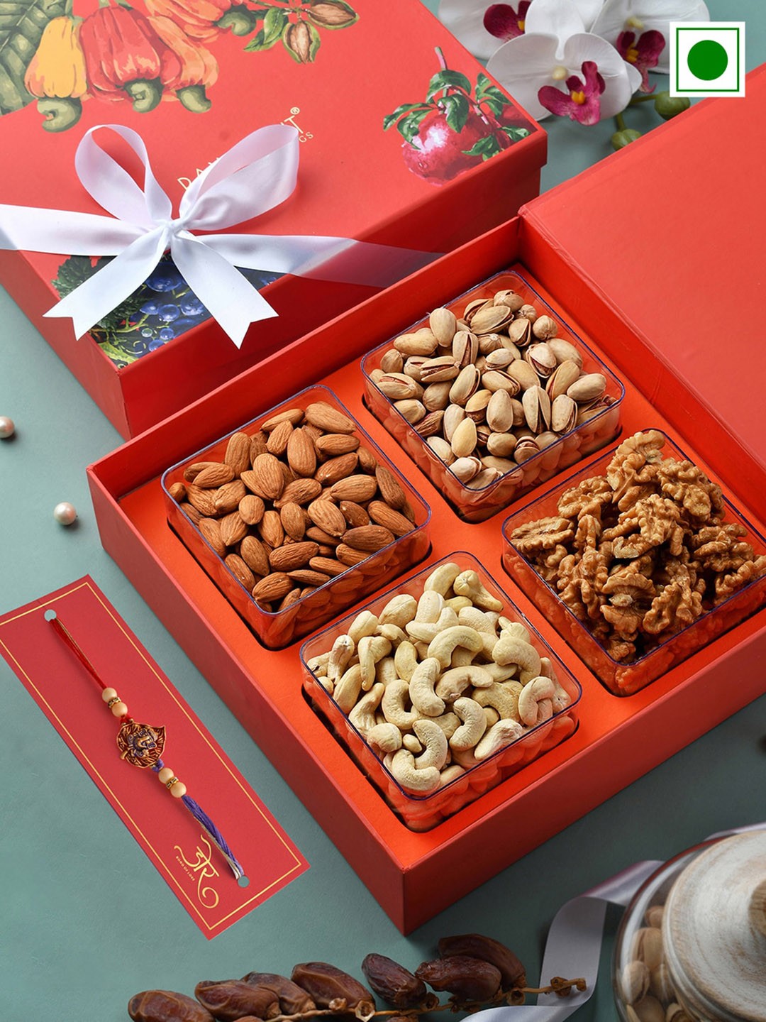 

RawFruit Men Rakhi With Roli Chawal & Signature Dryfruit Gift Set, Red