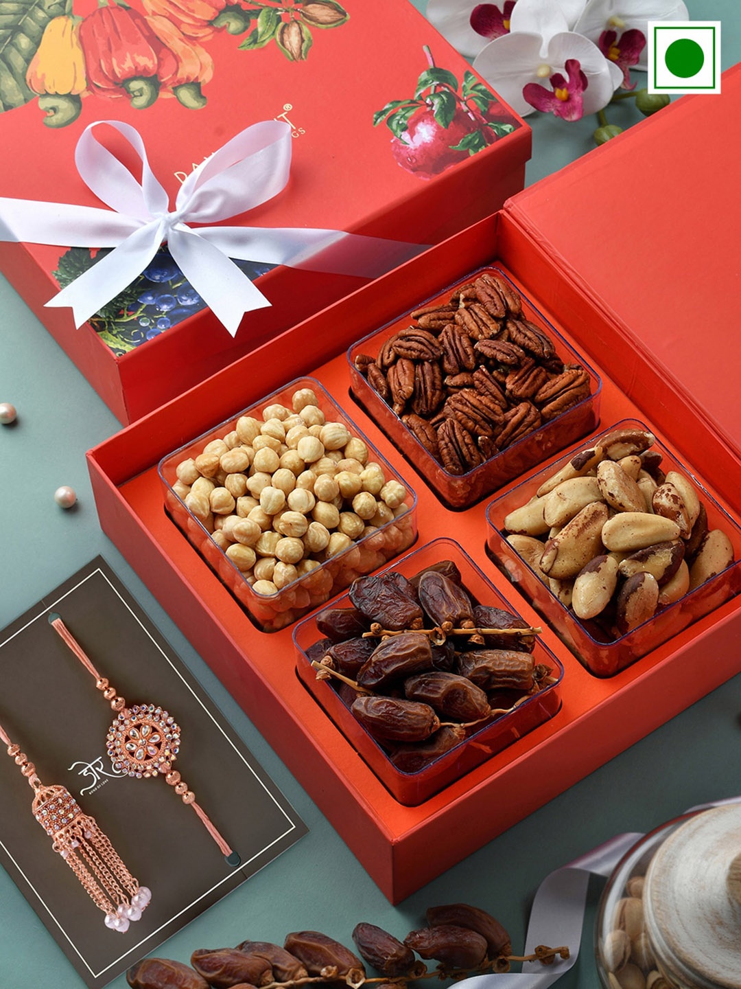 

RawFruit Set of 2 Bhai Bhabhi Rakhi & Signature Gift Set, Rose gold