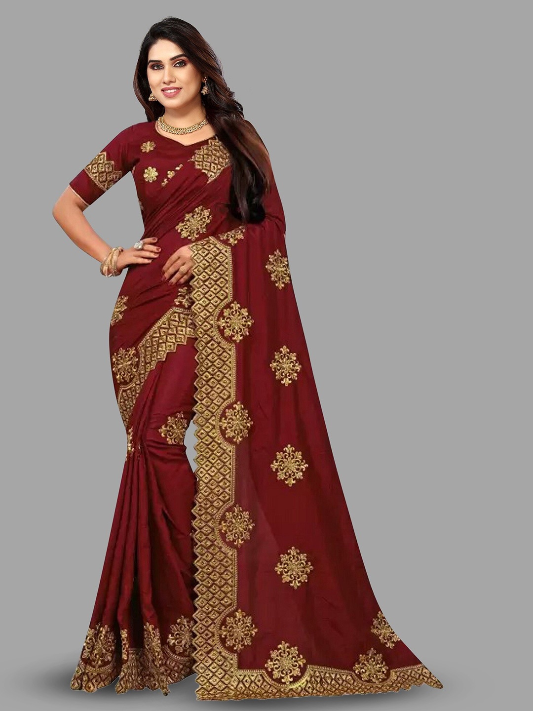 

APNISHA Ethnic Motifs Embroidered Zari Saree, Maroon