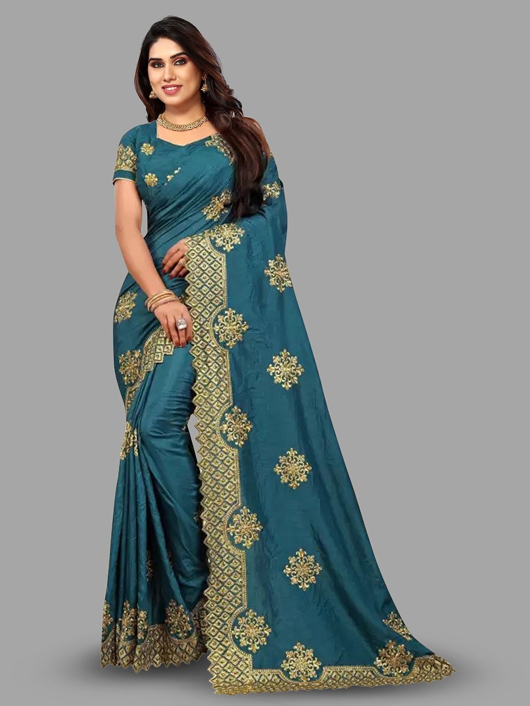 

APNISHA Ethnic Motifs Embroidered Zari Saree, Olive