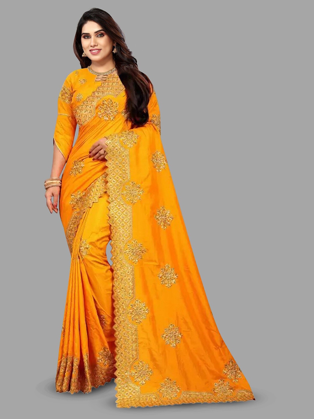 

APNISHA Ethnic Motifs Embroidered Zari Saree, Mustard