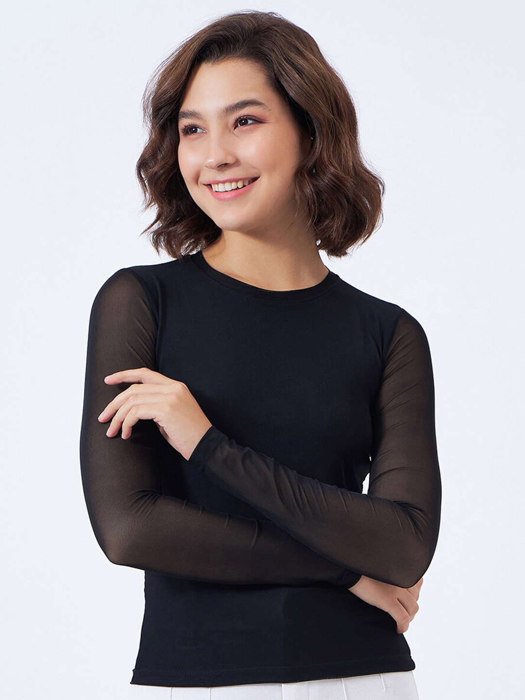 

COLOR CAPITAL Round Neck Long Sleeves Net Top, Black