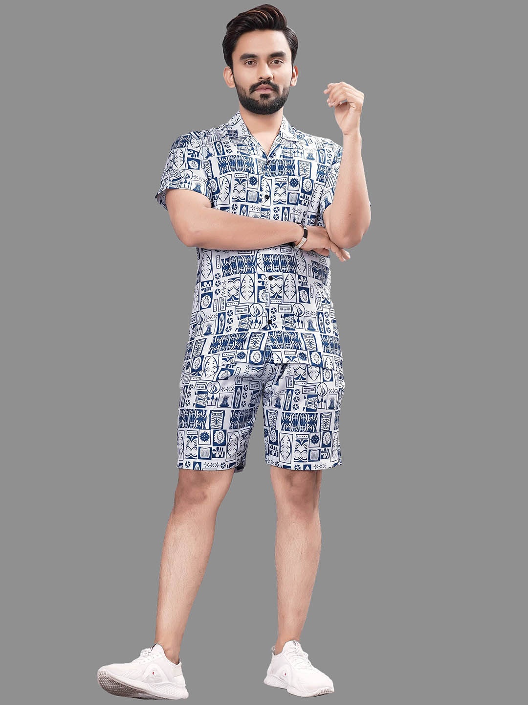 

APNISHA Tribal Printed Shirt & Shorts, Navy blue