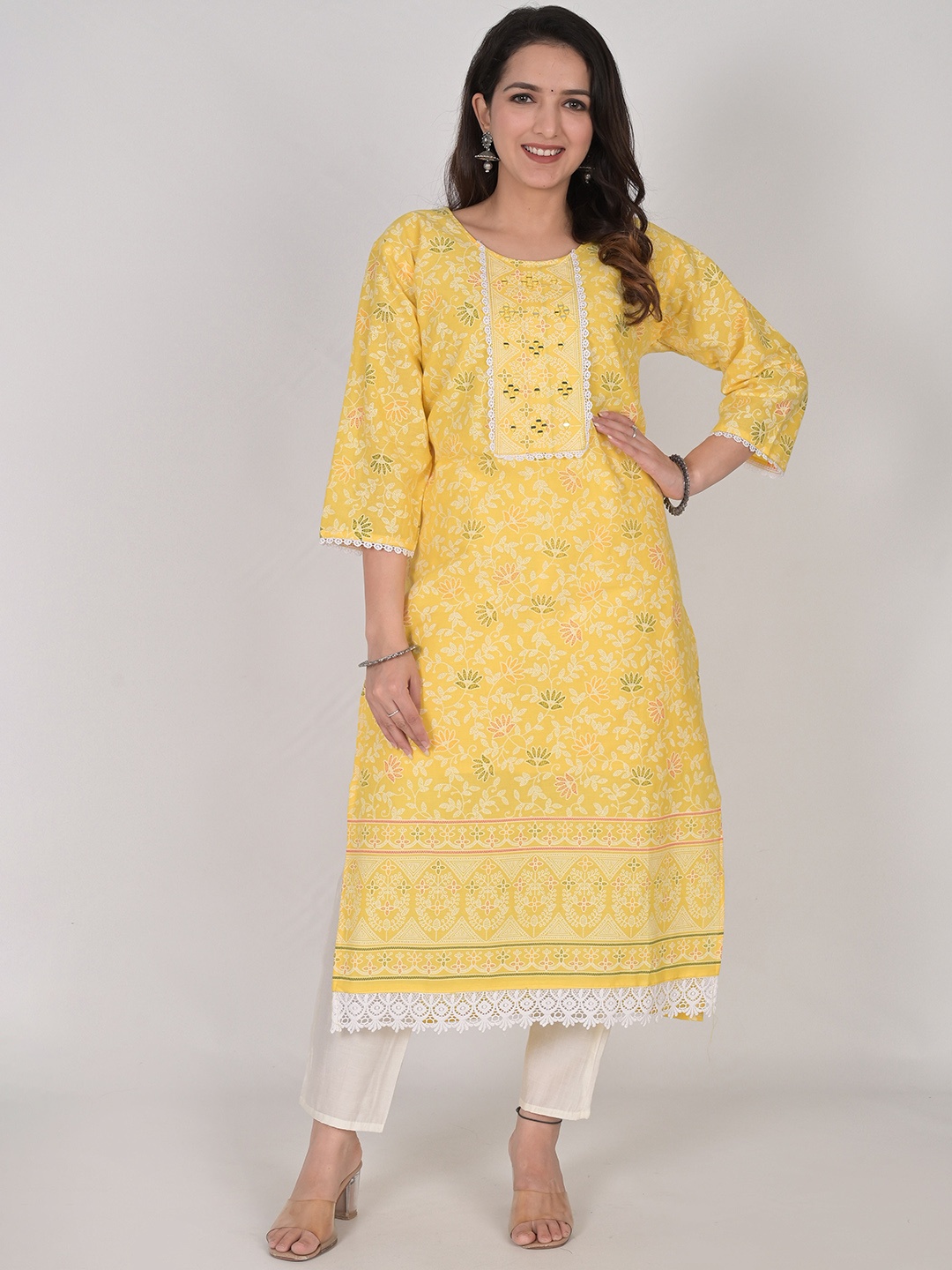 

KALINI Floral Printed Mirror Work Pure Cotton Straight Kurta, Yellow