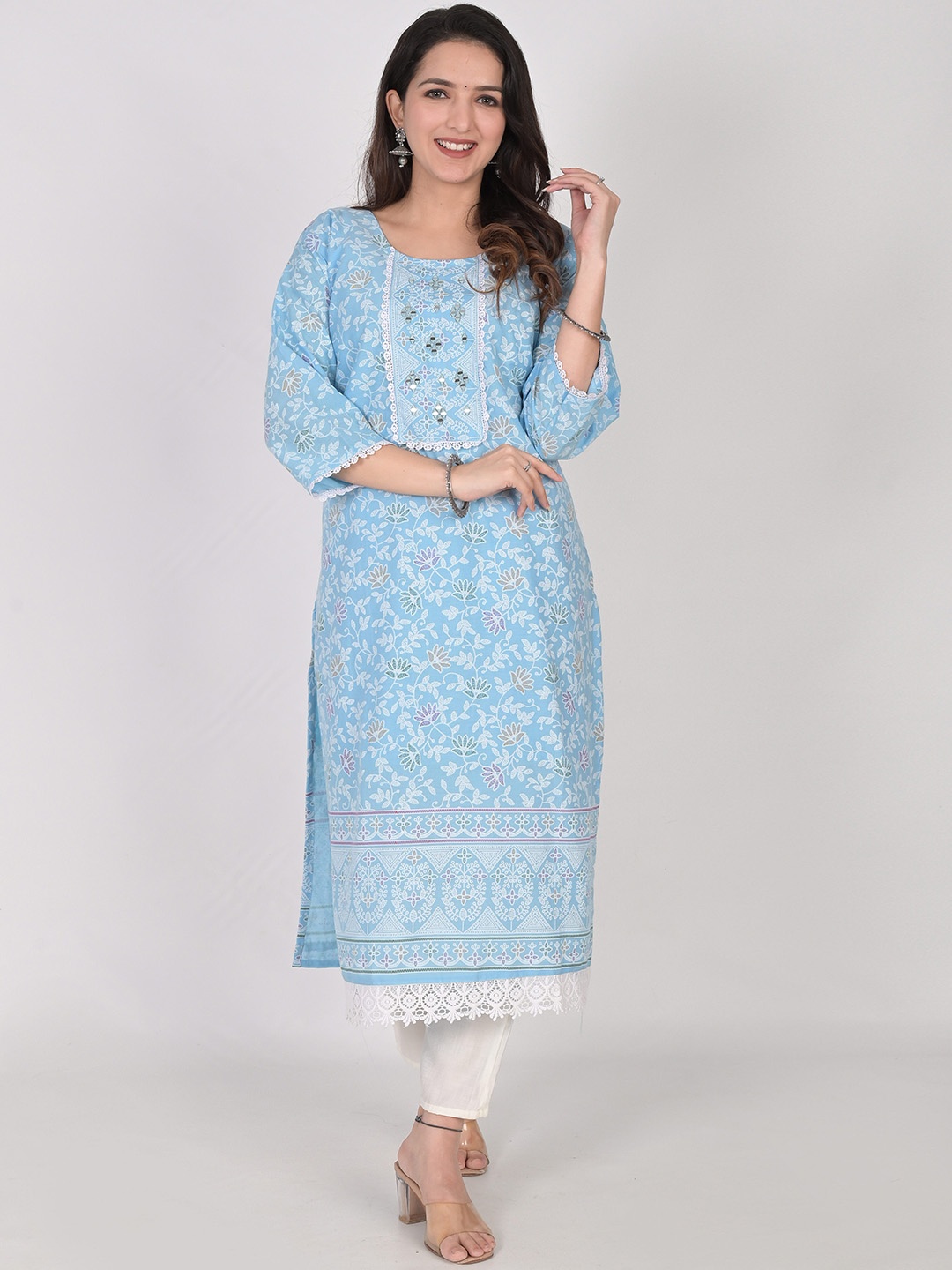 

KALINI Floral Printed Mirror Work Pure Cotton Straight Kurta, Blue