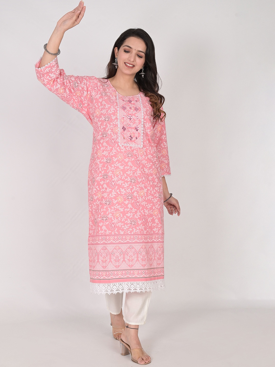 

KALINI Floral Printed Mirror Work Pure Cotton Straight Kurta, Pink