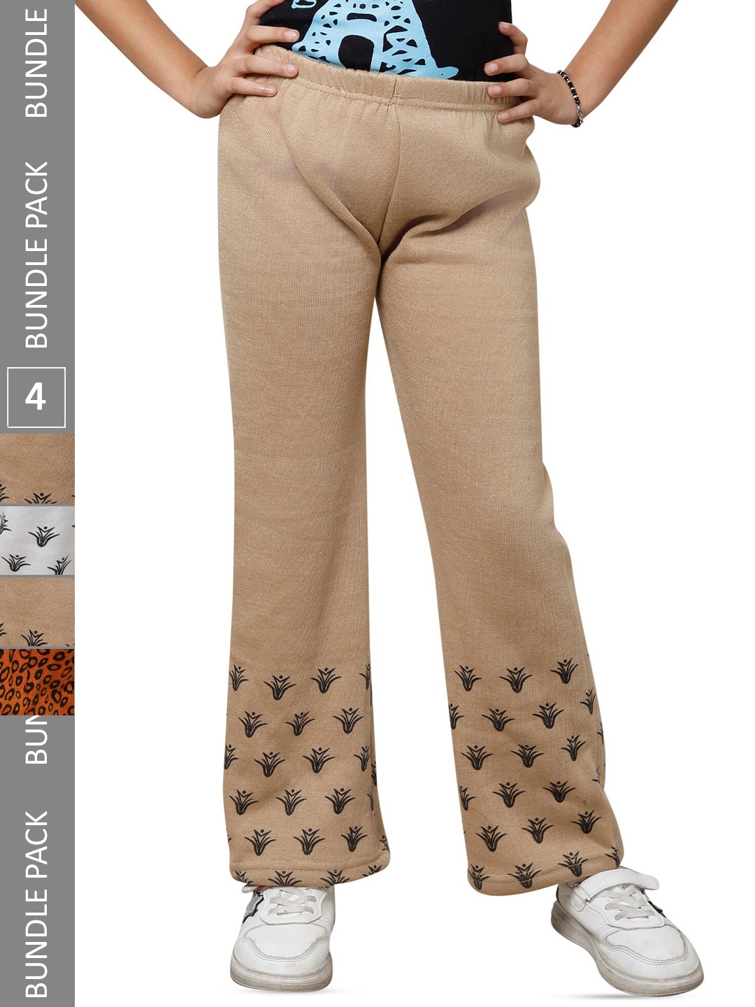 

IndiWeaves Girls Pack of 3 Printed Mid-Rise Straight Fit Woollen Palazzos, Beige