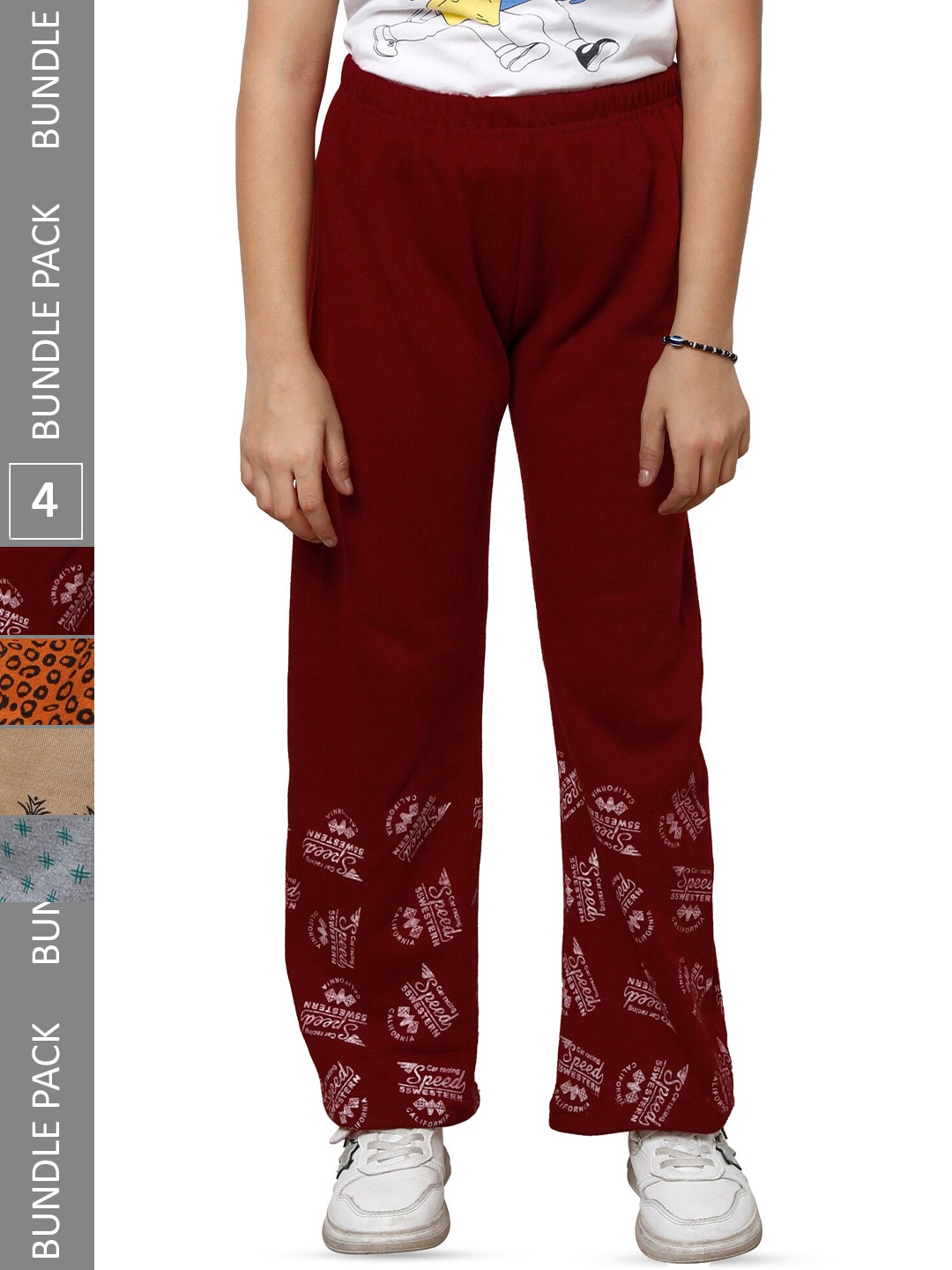

IndiWeaves Girls Pack of 4 Printed Woolen Track Pants, Maroon