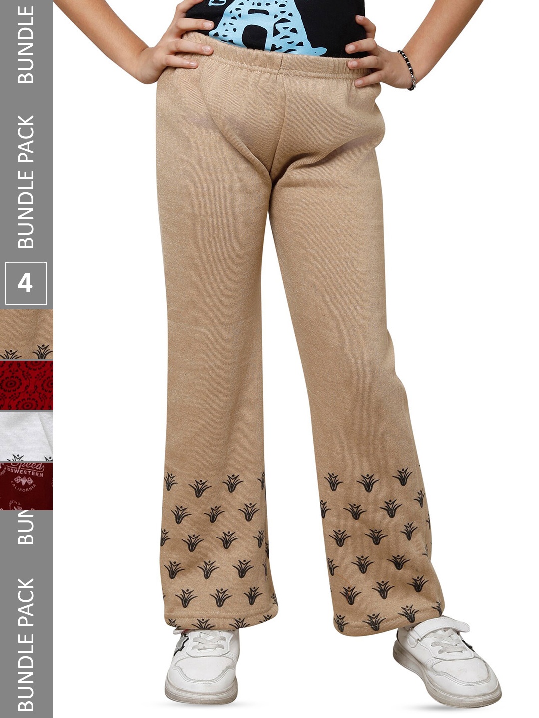 

IndiWeaves Girls Pack of 4 Printed Woolen Track Pants, Beige