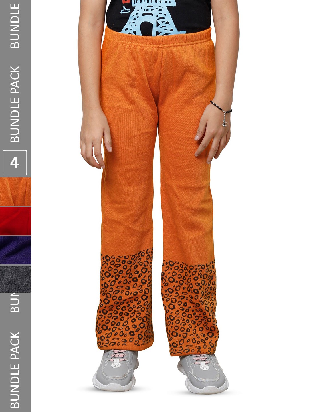 

IndiWeaves Girls Pack of 4 Bottom Printed Straight-Fit Acrylic Track Pants, Orange