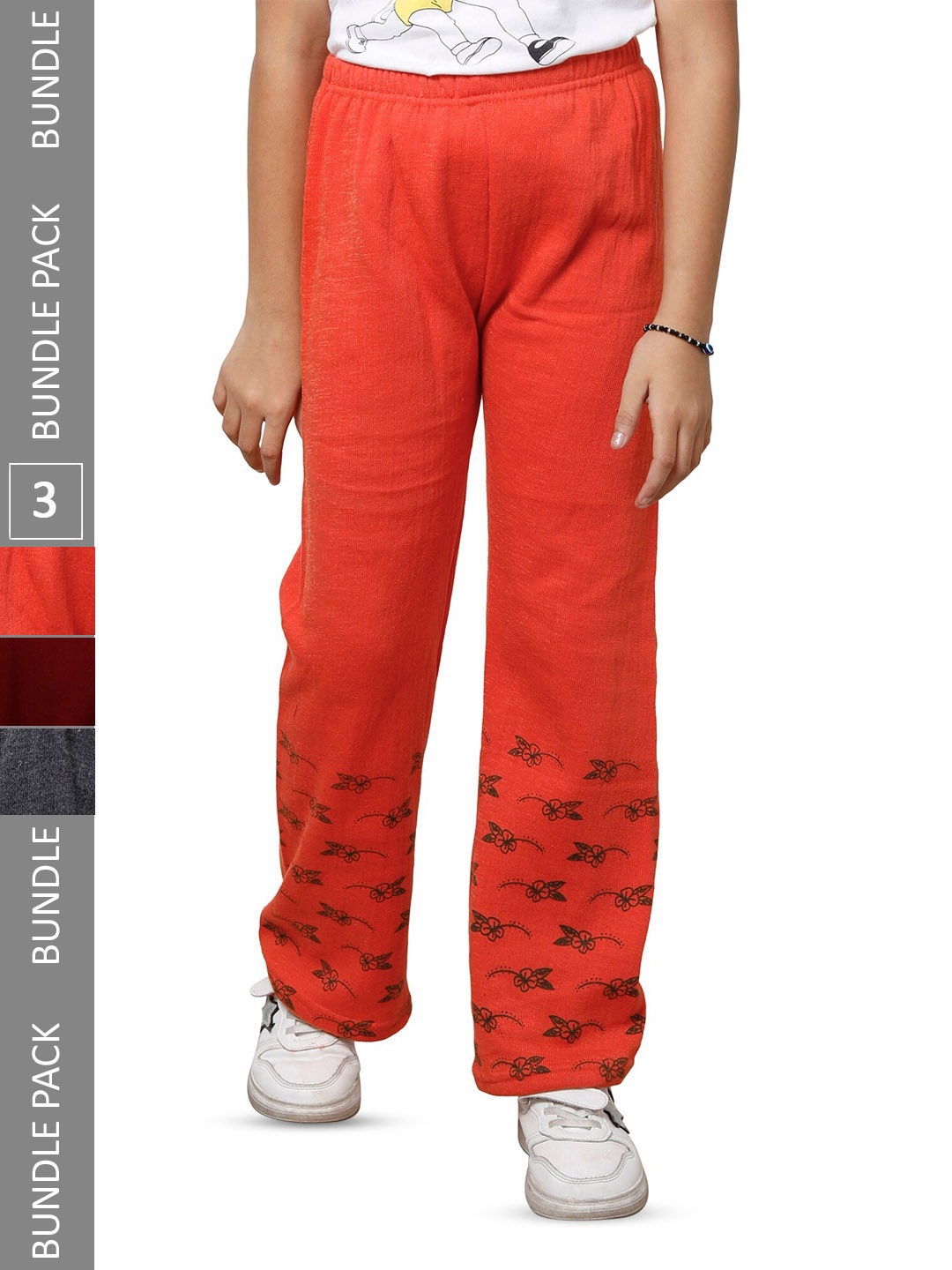 

IndiWeaves Girls Pack of 3 Bottom Printed Straight-Fit Acrylic Track Pants, Orange