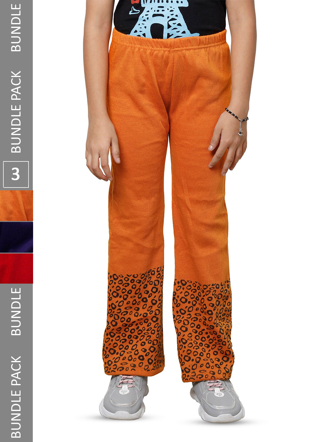 

IndiWeaves Girls Pack of 3 Printed Woolen Track Pants, Orange